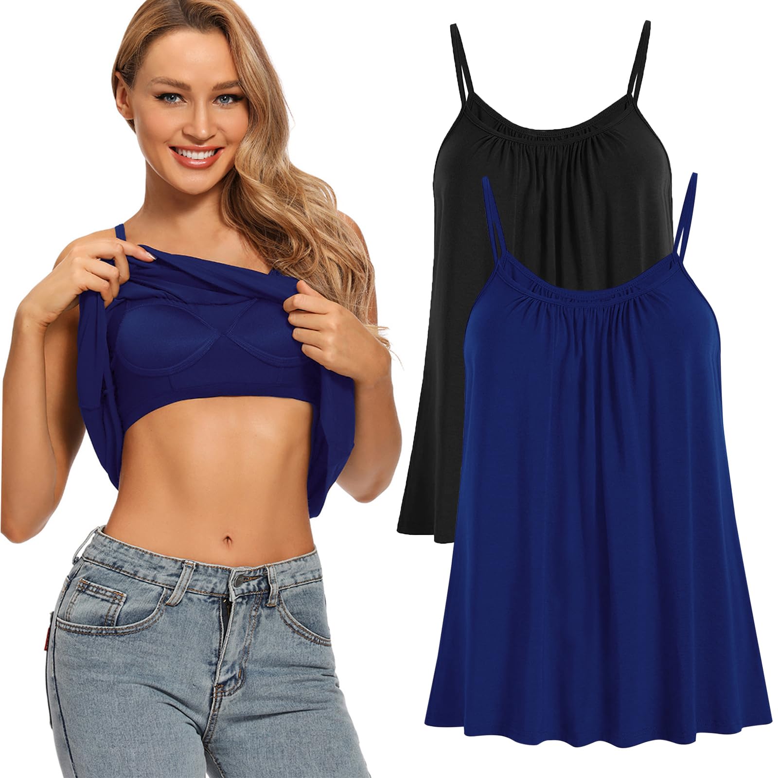 Womens Loose Camisole Top with Built in Padded Bra Flowy Pleated Tank Cami Top