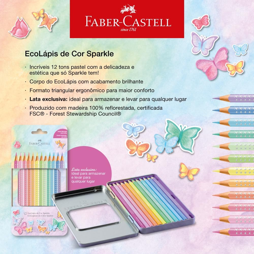 Lápis De Cor, Faber-Castell, Ecolápis Sparkle Estojo de Metal, 116156, 12 cores Pastel