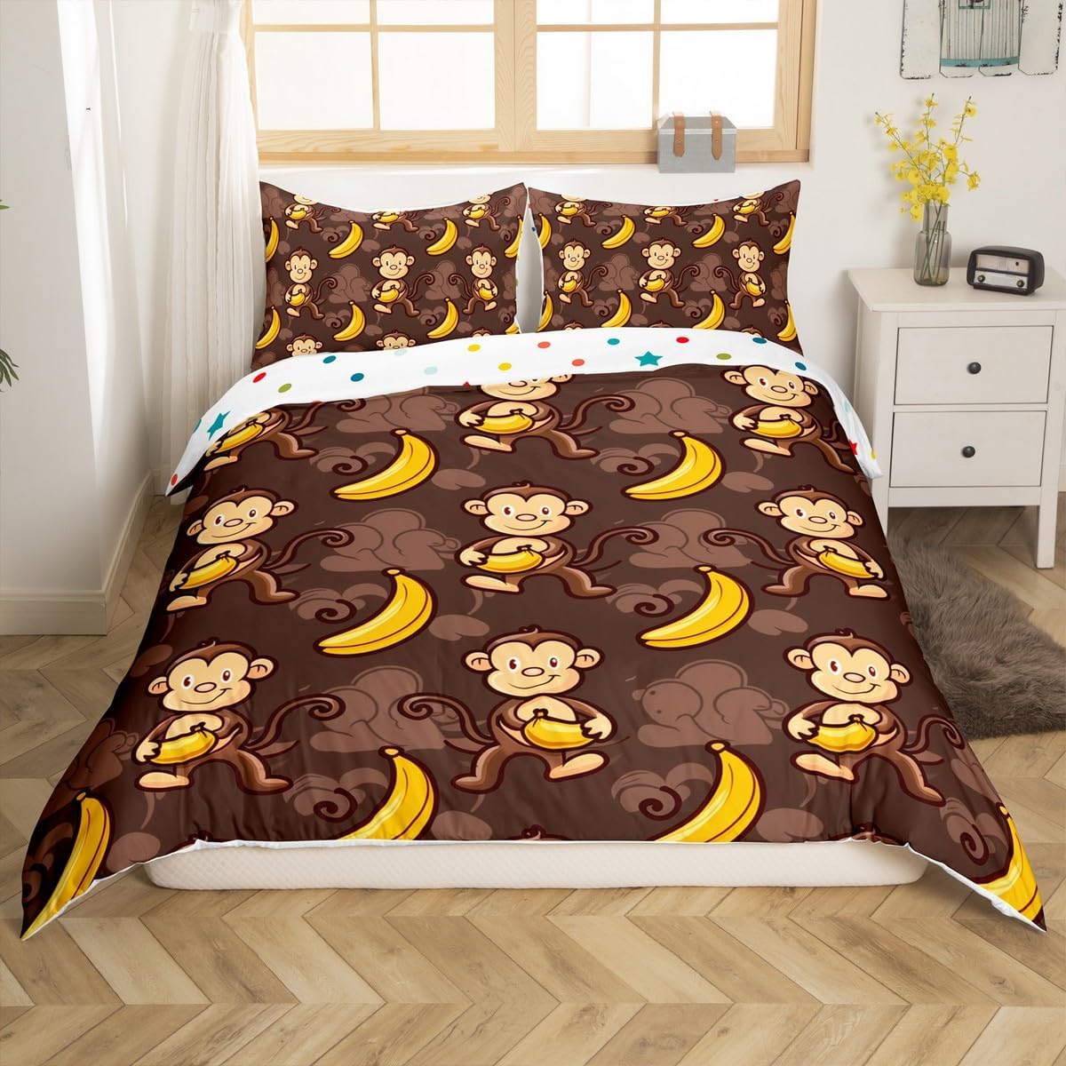 jejeloiu Monkey Bedding Set Full Size Kids Banana Comforter Cover for Boys Girls Teens Cute Cartoon Animals Duvet Cover Soft Lightweight Microfiber Room Decor,No Stuffing