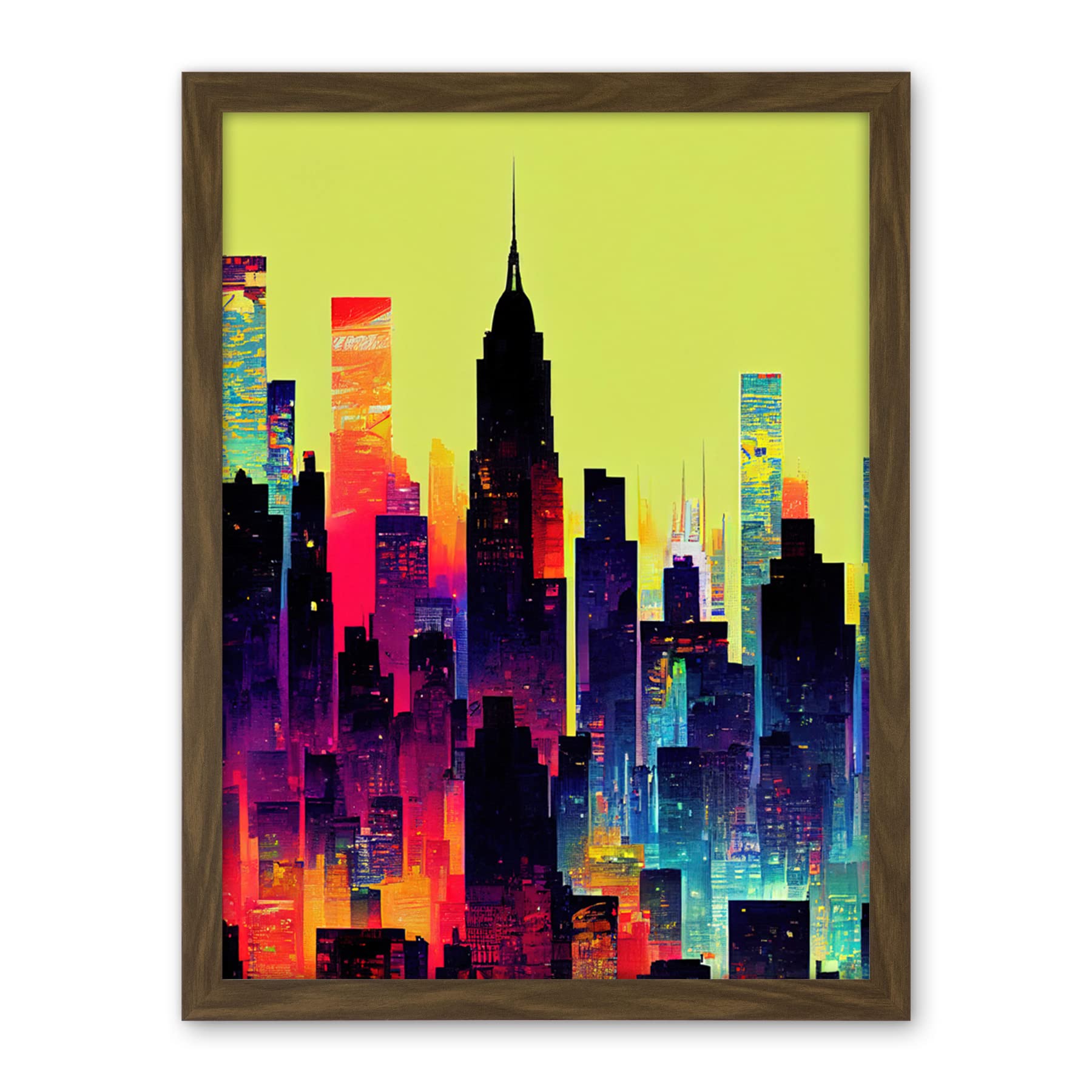 Wee Blue Coo New York Vibrant Multi Coloured Graphic Design Skyscraper Cityscape Silhouette Artwork Framed Wall Art Print 18X24 Inch