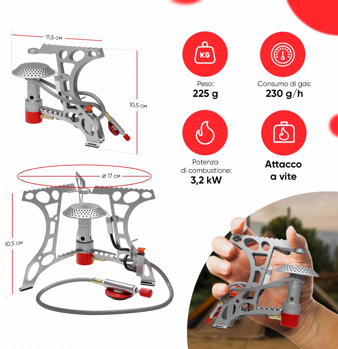 EVOCAMP fornello da campeggio compatto 3,2 kW con accensione piezoelettrica, fornello da campeggio, mini-fornello a gas - ideale per campeggio, pesca e attività all'aperto