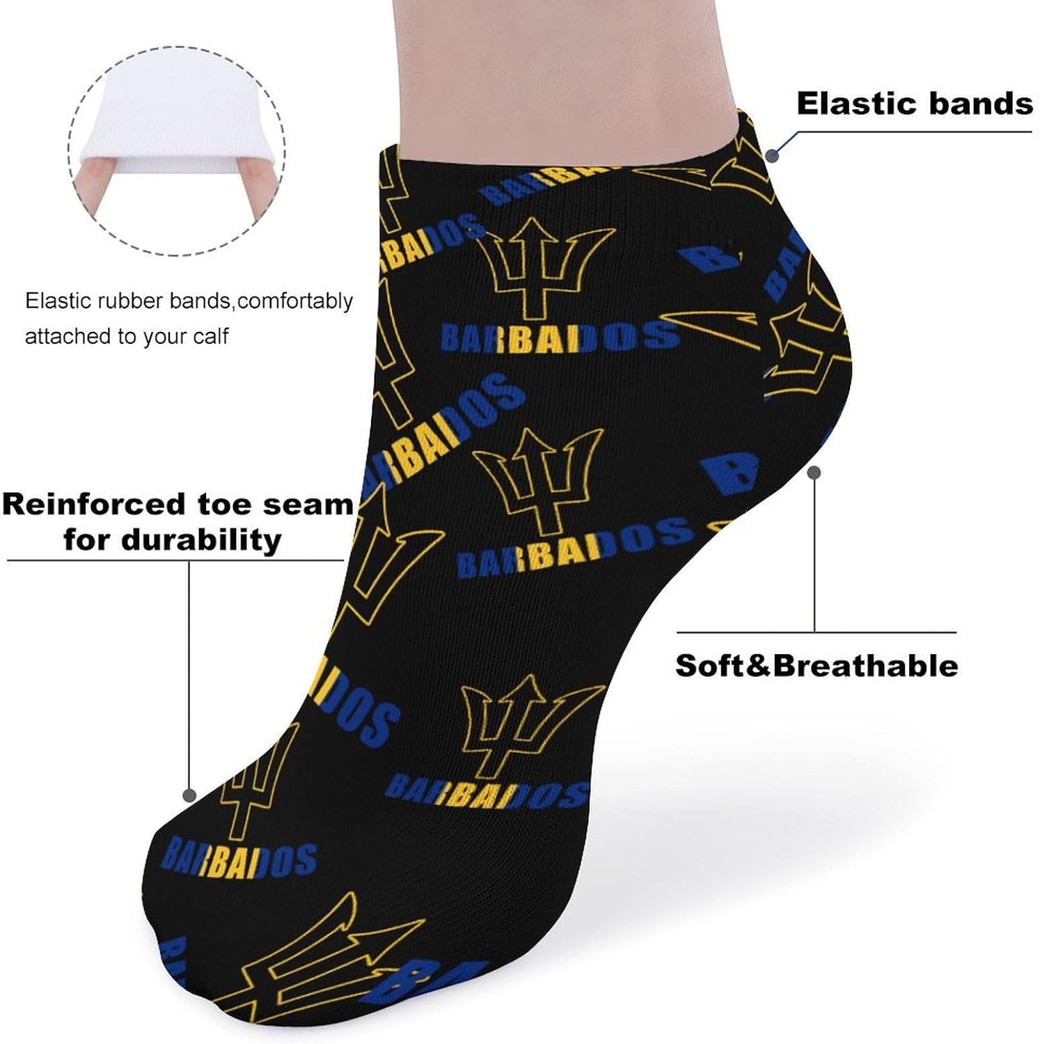 Barbados Flag No Show Ankle Socks Low Cut Non Slip Flat Boat Line 5 Pairs Set