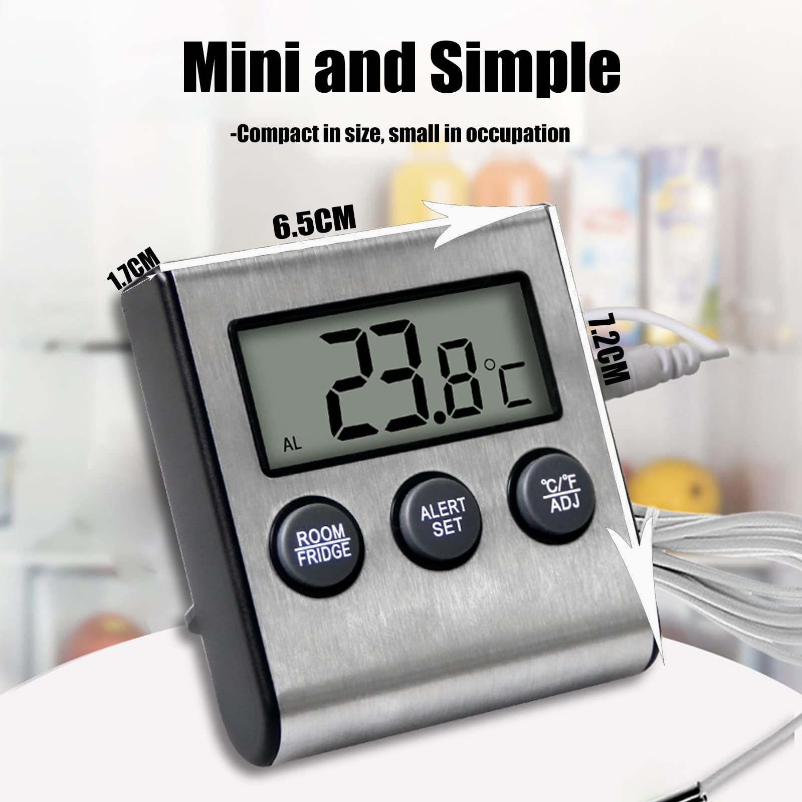 Yoidesu Fridge Thermometer with Digital LCD Screen, Refrigerator/Freezer Temperature Monitor, Room/Fridge Switch, High/Low Temperature Alarm, Sensitive Probe, / Switch Function