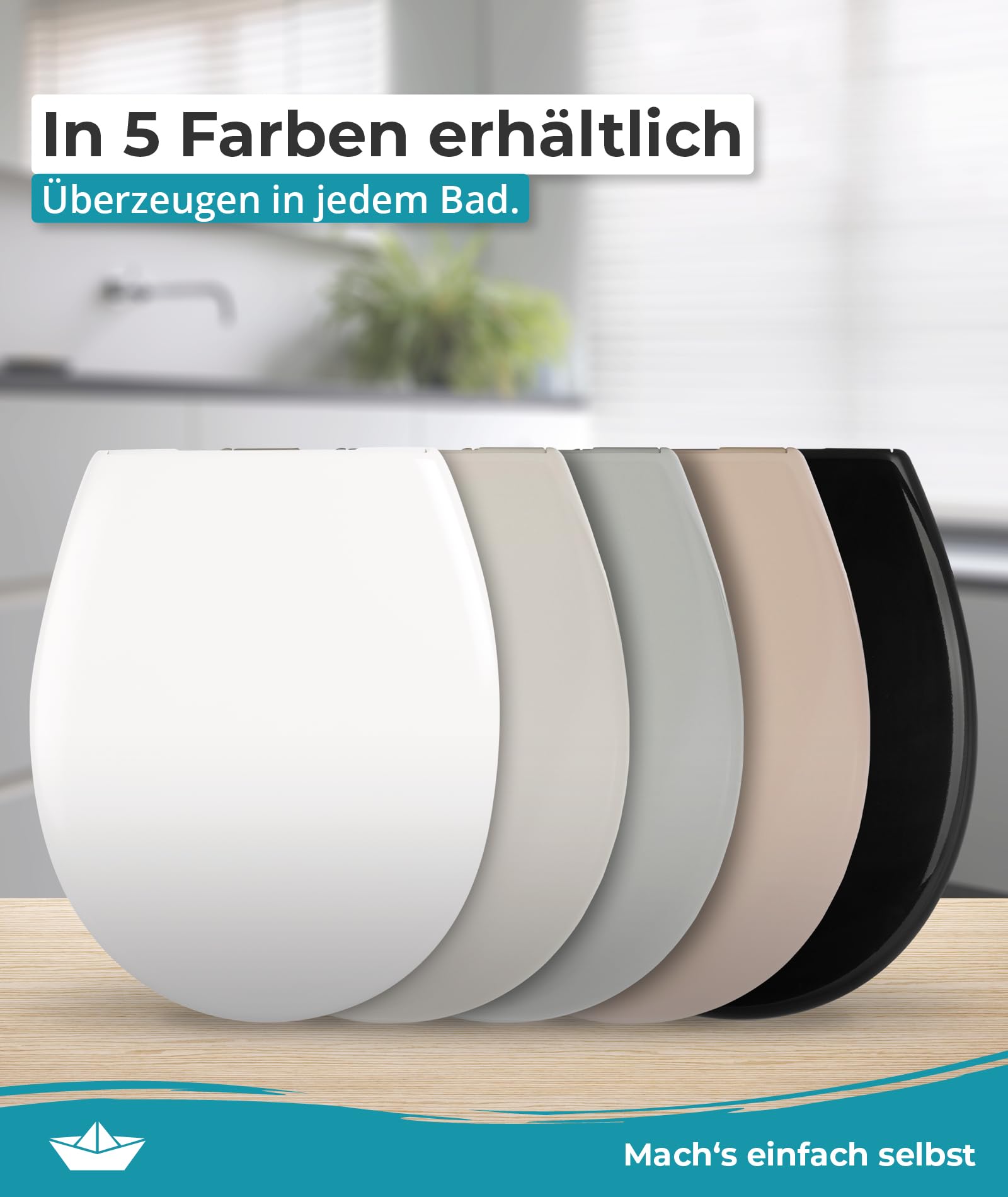 Calmwaters® Toilettendeckel mit Absenkautomatik, WC Sitz einfache Montage, bis 250 kg, Made in EU, aus antibakteriellem Duroplast, 2 Befestigungsarten, abnehmbar, Klobrille oval, Klodeckel Weiß