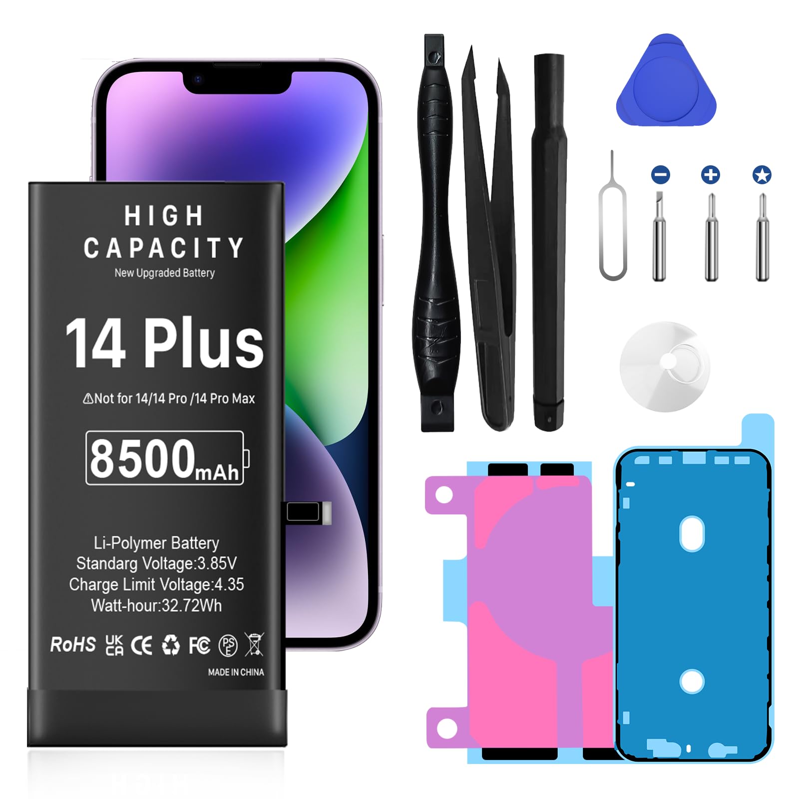 Battery for iPhone 14 Plus, 8500mAh New Upgrade High Capacity Battery Replacement for iPhone 14 Plus, A2886, A2632, A2885, A2896, A2887 with Repair