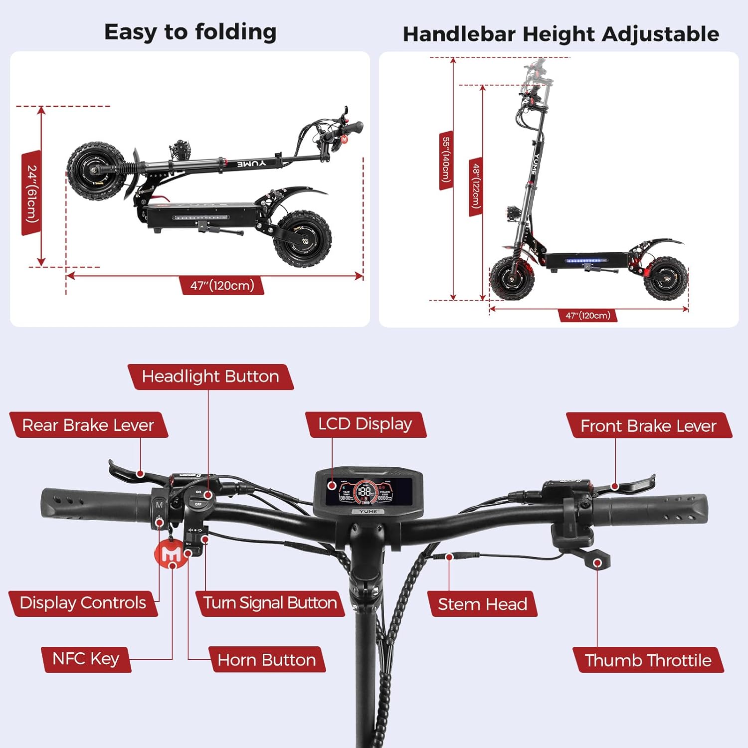 Diagram of the scooter's handlebar showing the Headlight Button, Rear Brake Lever, LCD Display, Front Brake Lever, Display Controls, Turn Signal Button, Stem Head, NFC Key, Horn Button, and Thumb Throttle.