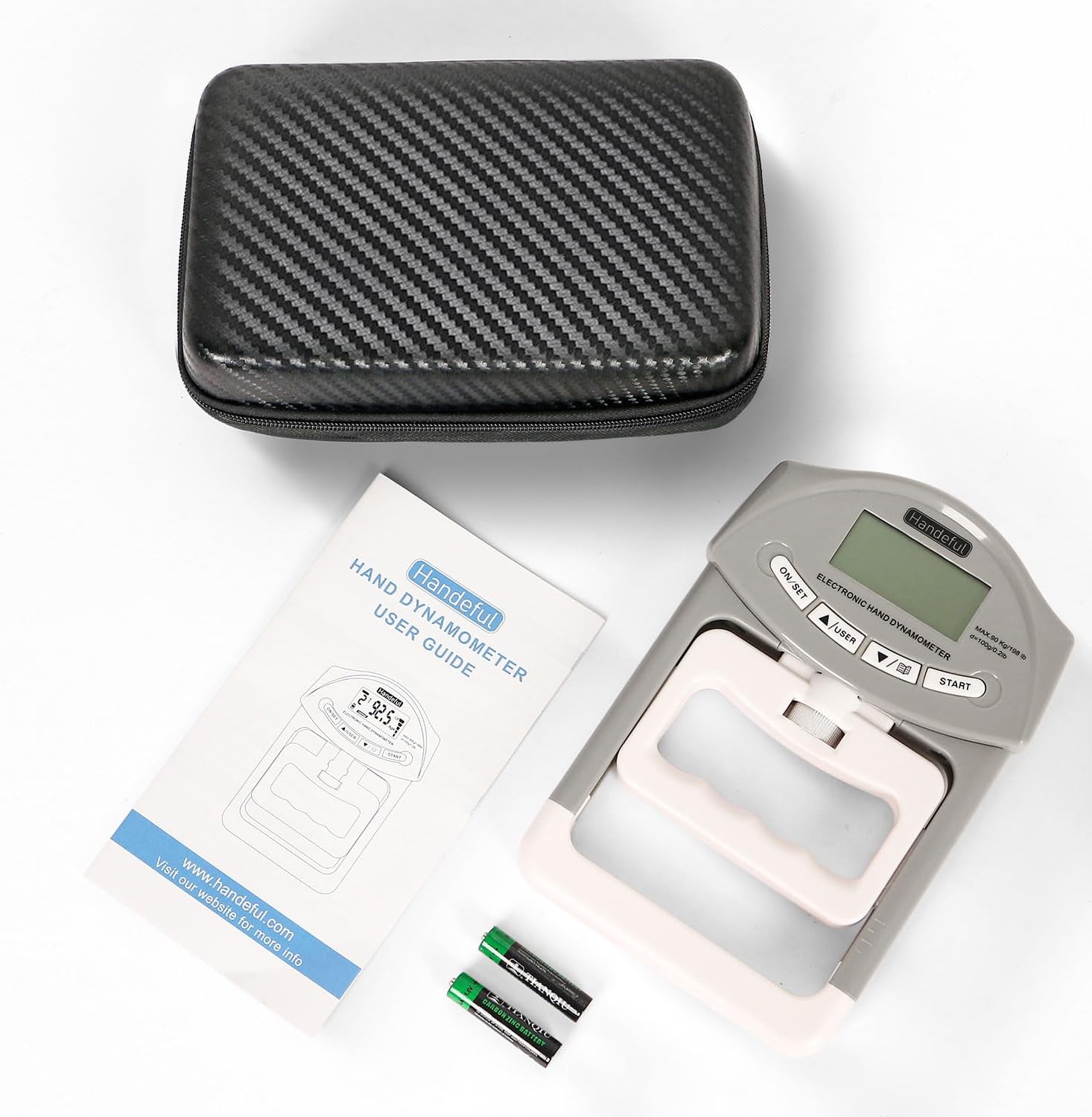 Handeful Grip Strength Tester with Zipper Bag, Digital Hand Dynamometer Grip Strength Measurement Meter Auto Capturing Electronic Hand Grip Power 198Lbs / 90Kgs