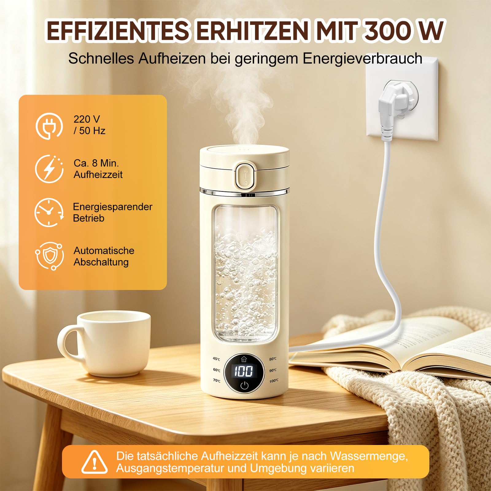 Minihervidor de agua portátil de acero inoxidable 316, 500 ml, color crema