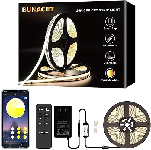 Miniatura 13 de COB - Tira de luz LED de 40 pies/39.4 ft (1 rollo), blanco cálido, 3000 K, alto lumen, CRI 90+ con adaptador de corriente con certificación UL,