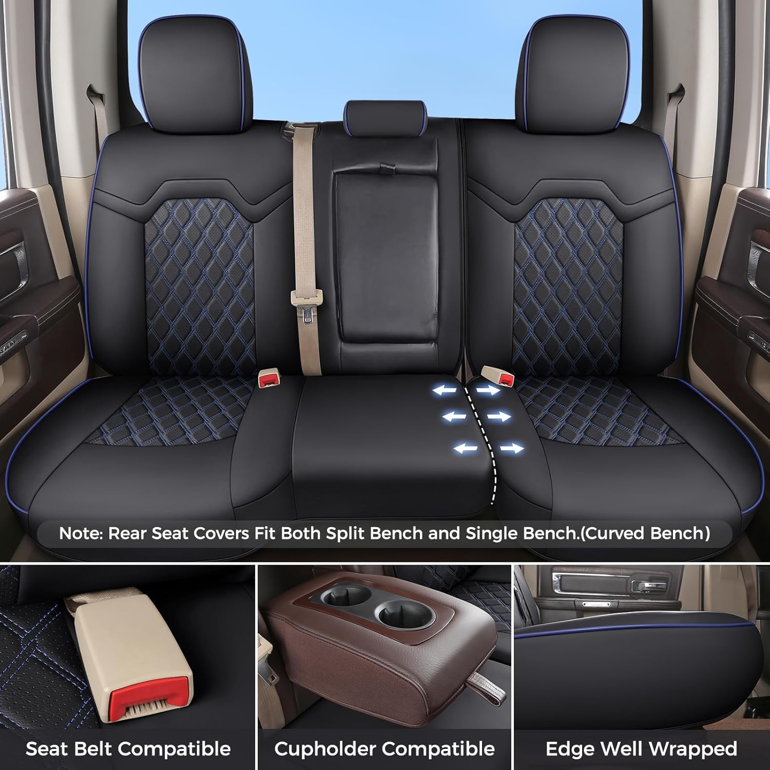 Huidasource Ram Seat Covers Full Set, Ram 1500 Truck Seat Cover for 2009-2018 RAM 1500，2011-2025 RAM 2500，2019-2025 RAM 3500 Quad Crew Mega Cab with Curved Split Bench (Full Set/Black&Blue)