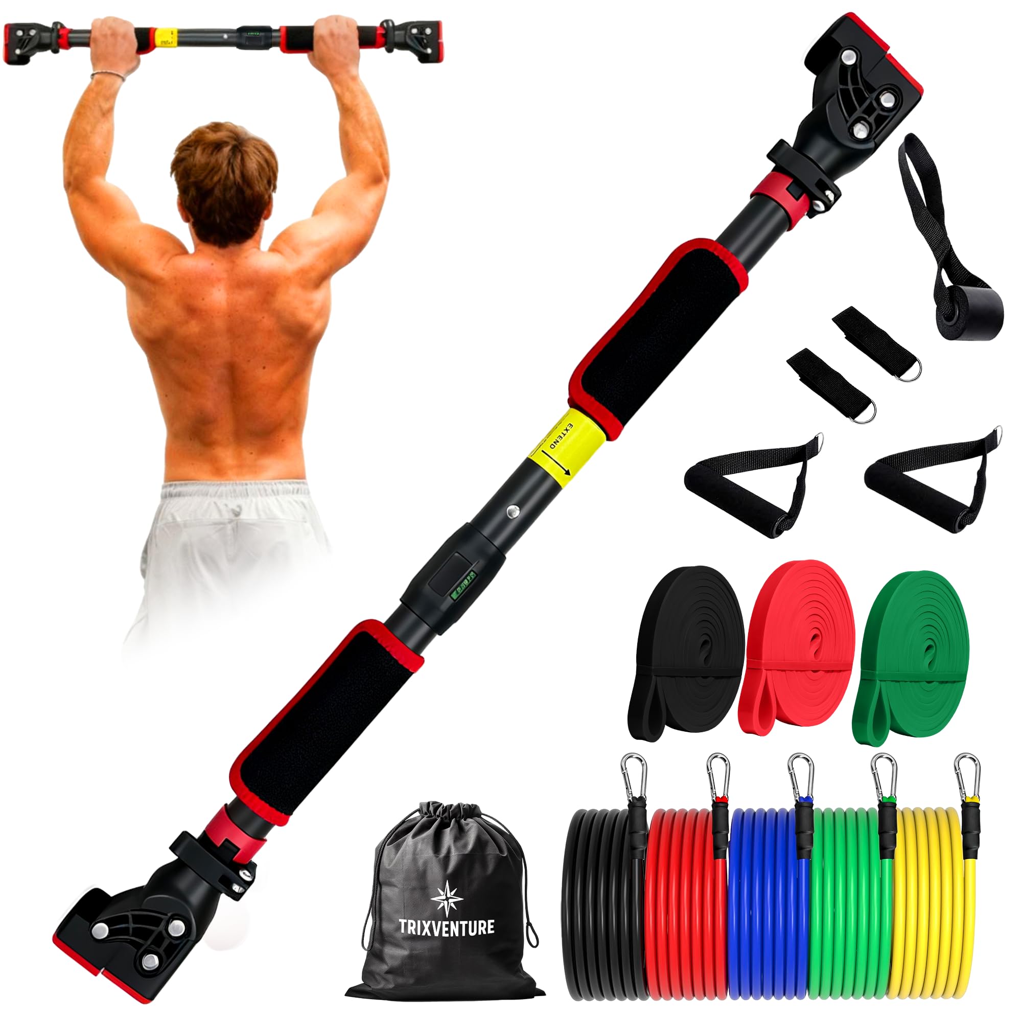 Kit Gimnasio: Barra Dominadas para Puerta y Pared (72-110cm) - Instalación Sin Tornillos con Nivelador + 5 Bandas Musculación con agarres, Bandas Elásticas y Bolsa - Carga 200kg
