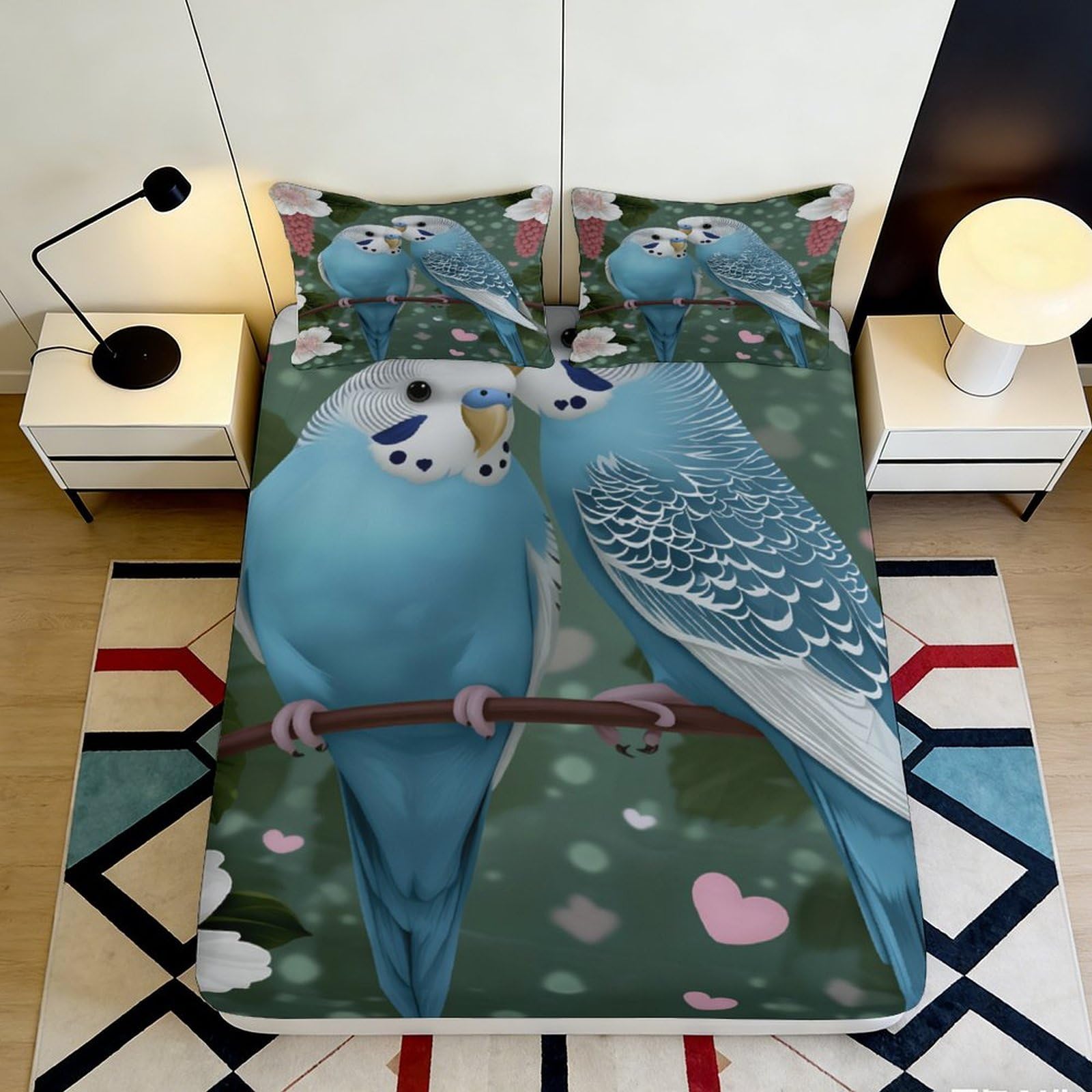 3D Printed Blue Budgerigar Fitted Sheet Microfiber Soft Breathable Love Birds Bed Cover for Bedroom Dormitory Guest Room Mattress Protection Decor 90x200x25cm