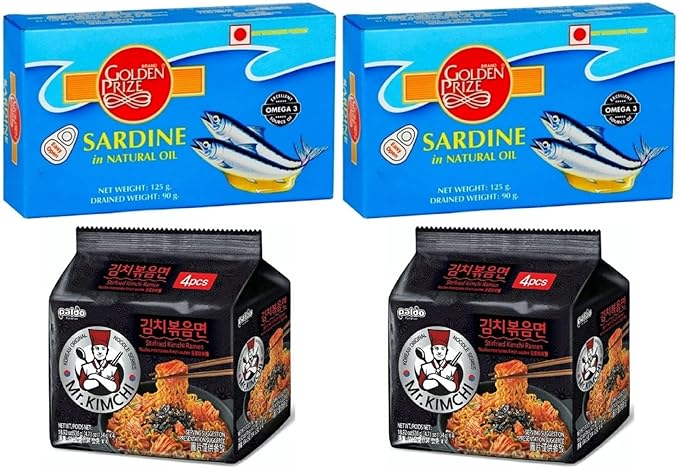 Golden Prize Sardine in Natural Oil with Chili 125Gms and Paldo Mr. Kimchi Noodles 134 Gms (2 Units), Combo Pack, Pack of 4
