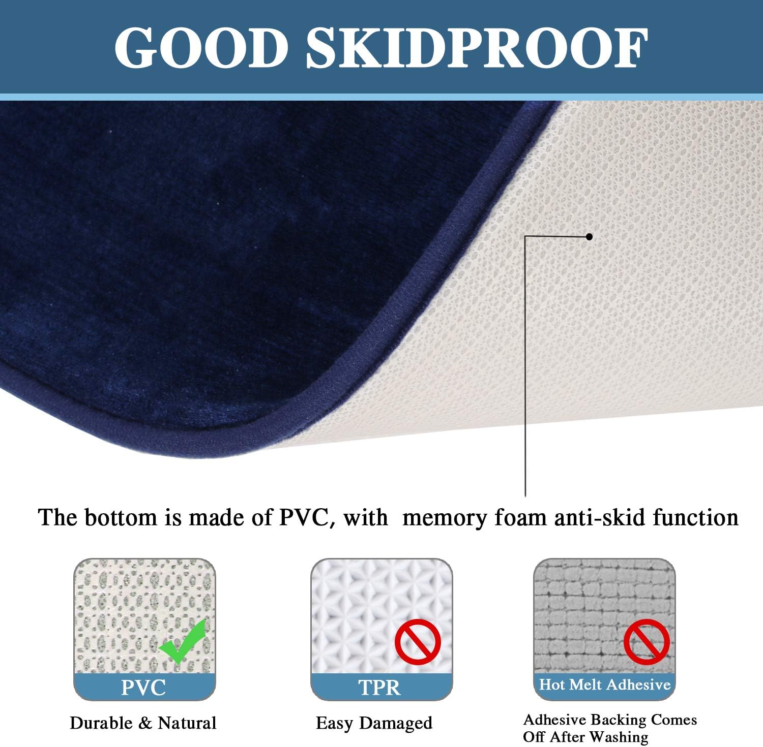 H.VERSAILTEX Bath Mat Memory Foam Set Bathroom Rug Set Flannel Velvety Bath Mat Luxury Extra Soft and Absorbent Non Slip Rugs for Bathroom/Bedroom Washable(2 Pack- 20"x 32"/ 17"x 24", Navy)