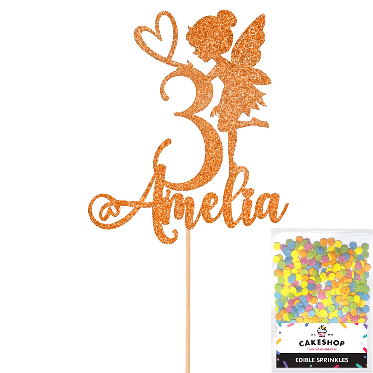 Personalised Fairy Gltter Cake Topper- Copper Orange Any Custom Name & Age Glitter Cake Decoration and Sprinkles - Happy Birthday Decorations - Personalised Toppers for Cakes by Cakeshop — image 1