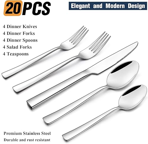 Miniatura 2 de Wildone Juego de cubiertos de 20 piezas, cubiertos cuadrados de acero inoxidable para 4, utensilios de comer, incluye cuchara, tenedor y cuchillo,