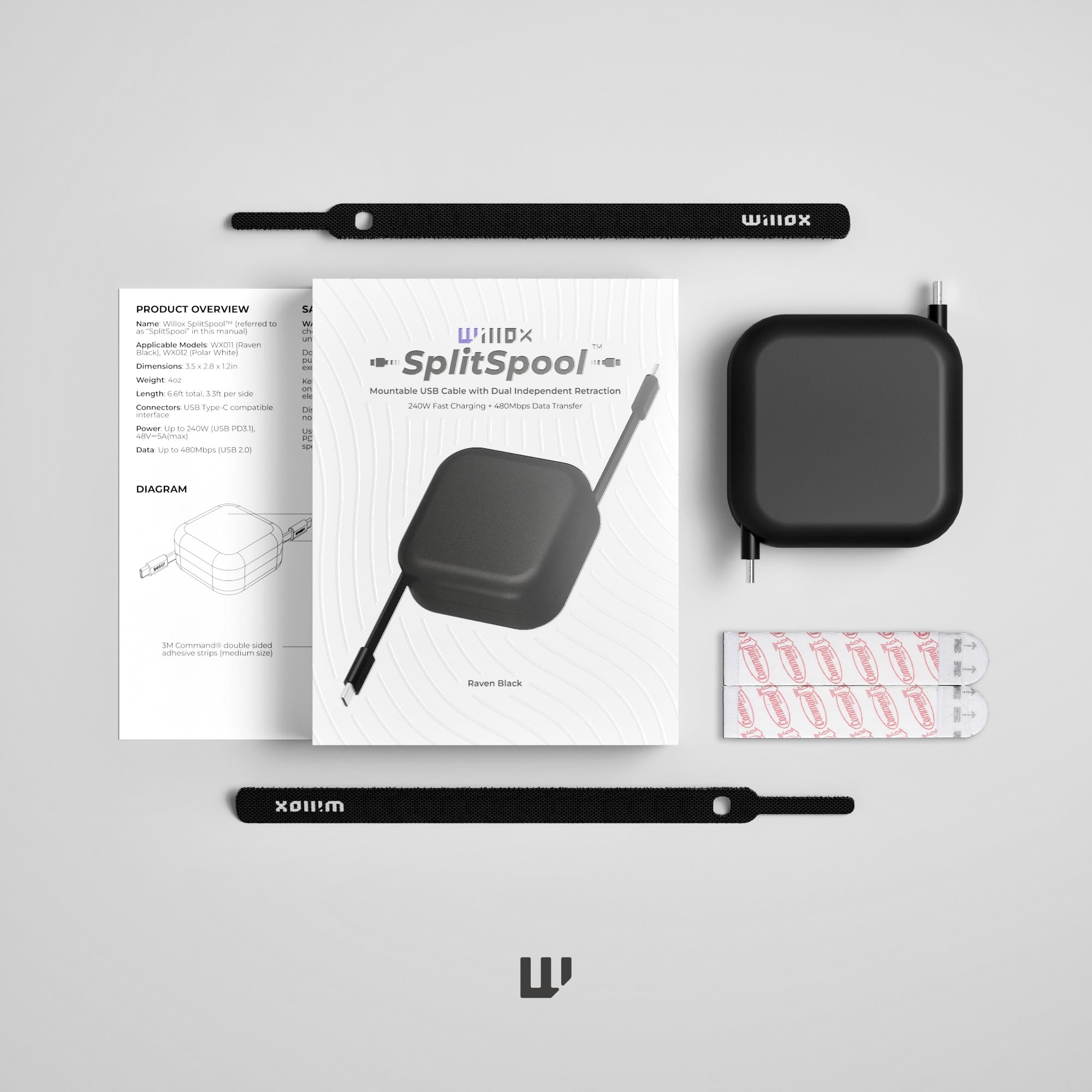 Willox Einziehbares USB-C-Kabel, 240 W, Schwarz | Befestigung an Tischen/Wänden, 240 W PD-Schnellladung, bis zu 2 m End-to-End, doppelter unabhängiger Rückzug, USB-C auf USB-C