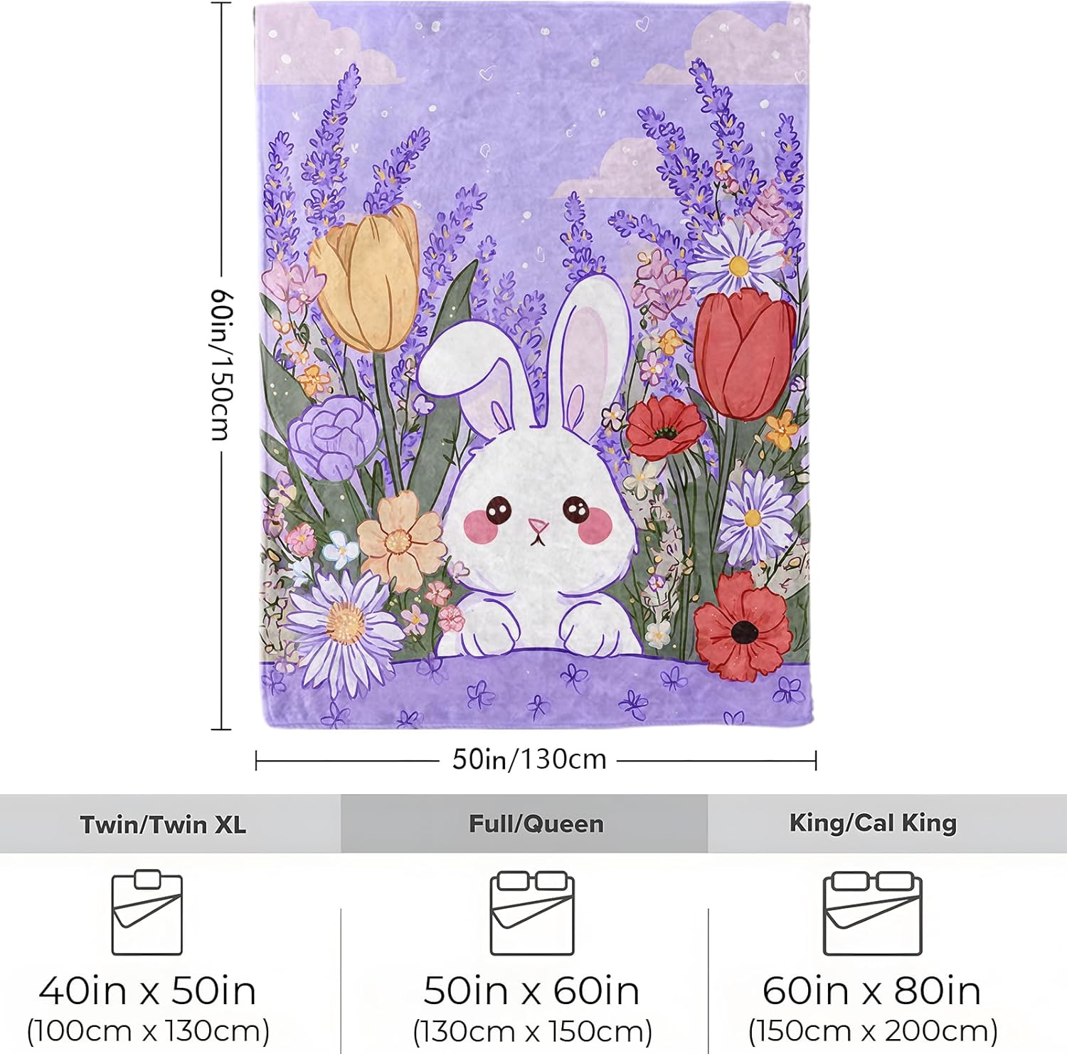 Cute Bunny Blanket, Soft Cozy Lightweight Adorable White Rabbit in Flower Garden Throw Blanket for Women Girls, Floral Art Sofa Couch Bed 40x50 Inch Flannel Blankets for Travel Decor Gifts
