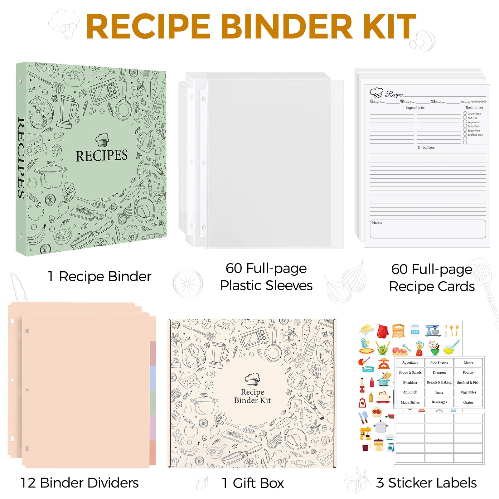 Raccoglitore di ricette 8,5 x 11 3 anelli, anelli rotondi da 2,5 cm, libro di ricette da scrivere nelle tue ricette, ricette con 60 buste di plastica, 12 divisori, 60 biglietti di ricette vuoti