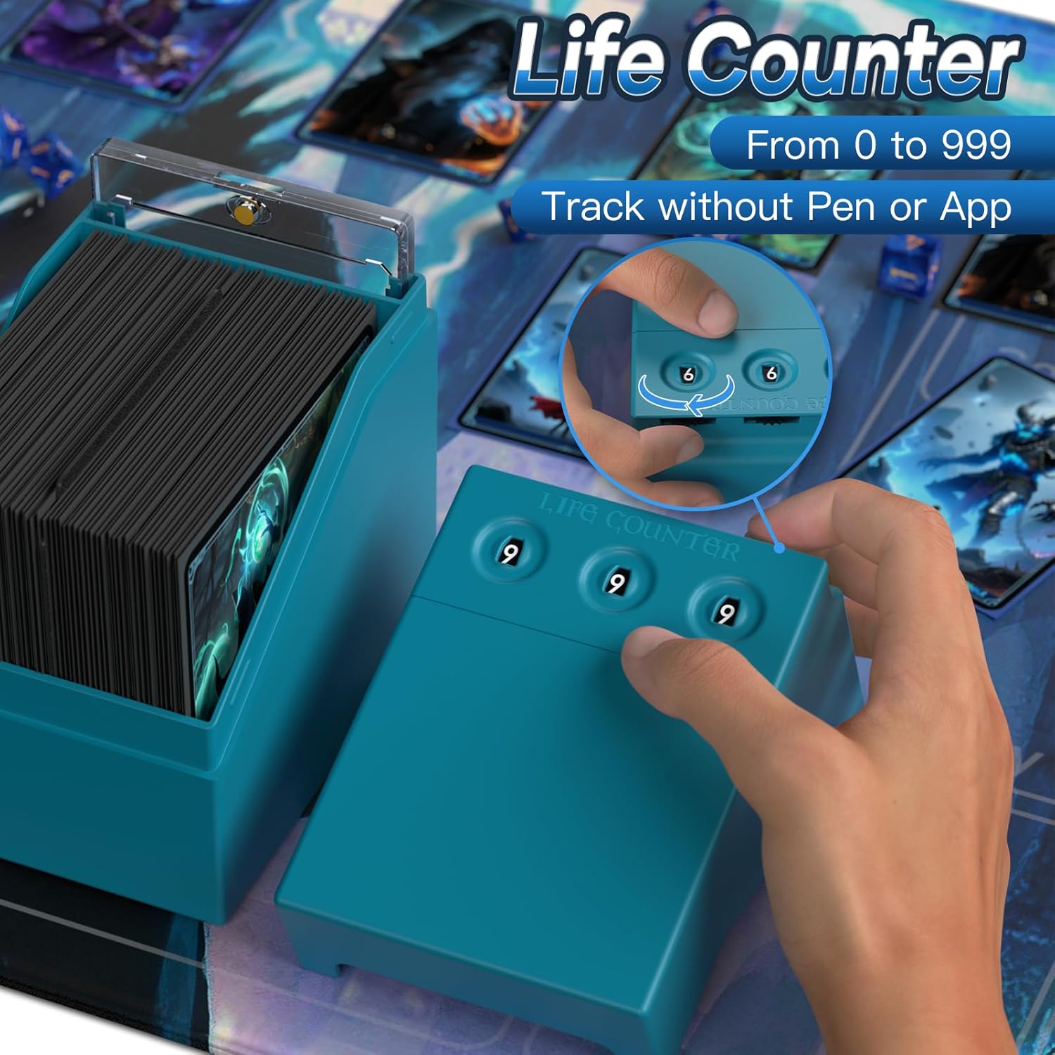 Proijeut Mtg Deck Box with Life Counter, Commander Deck Box Fits 100 Double-Sleeved Cards, Magic Card Storage Box with Commander Display & Dice Tray, Fit for MTG, TCG, CCG (Teal)