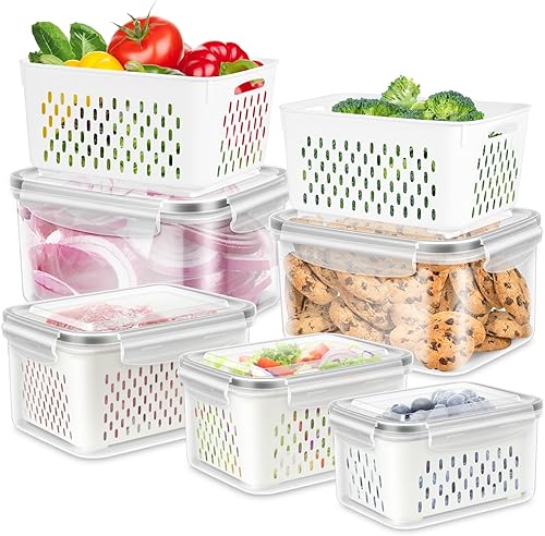 TBMAXS Paquete de 5 recipientes de almacenamiento de frutas para refrigerador, contenedor de verduras con coladores de drenaje, organizador de