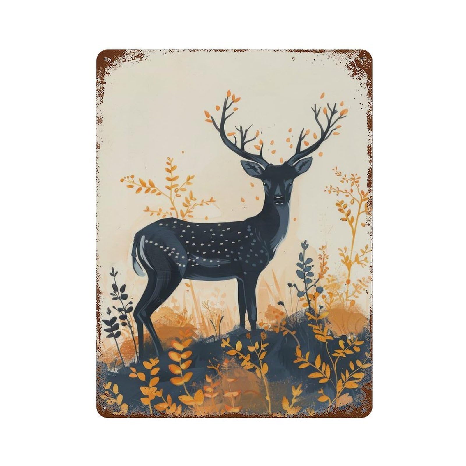 Black Spotted Deer in Autumn 15.7"x11.8" Rustic Tin Plaque, Novelty Wall Decor for Living Room, Hallway And Home Decor