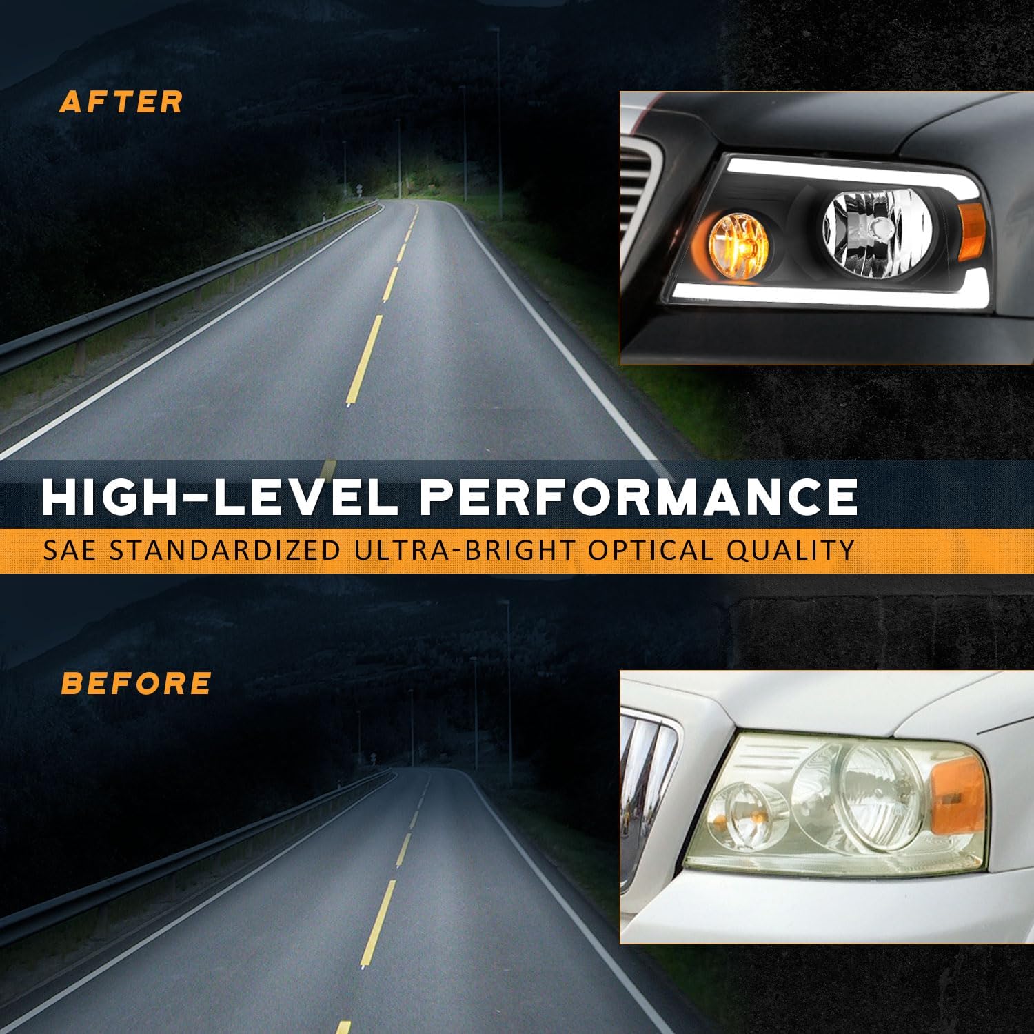 WEELMOTO DRL Headlights for Ford F-150 2004 2005 2006 2007 2008, 06-08 Lincoln Mark LT Replacement Headlamp, Black Housing with Amber Reflector