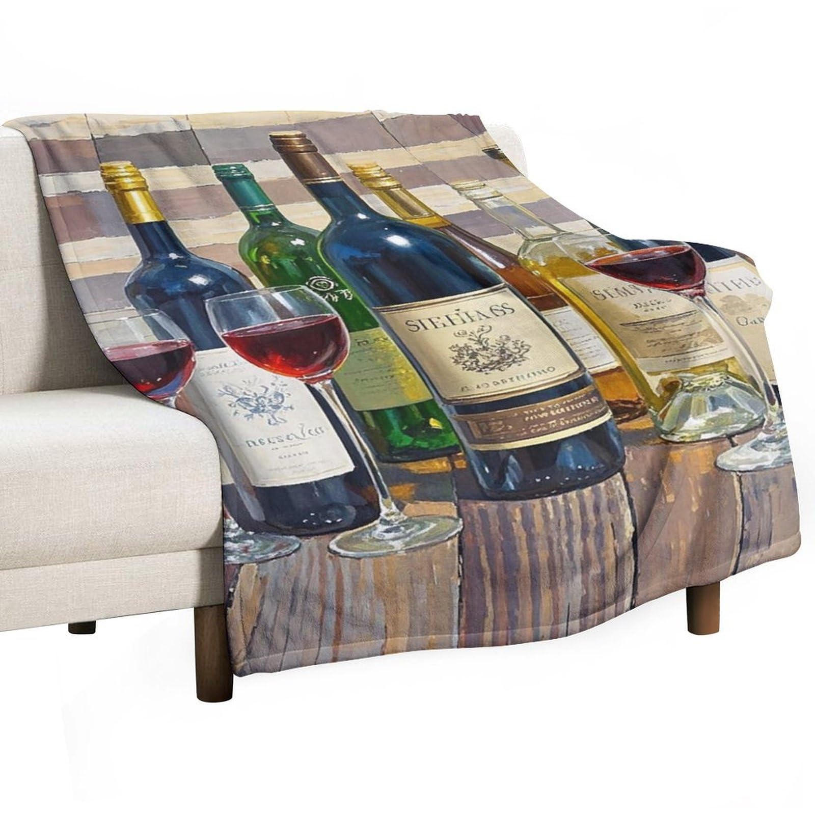 Couverture flanelle anti-boulochage imprimée vin, plaid lit et canapé léger