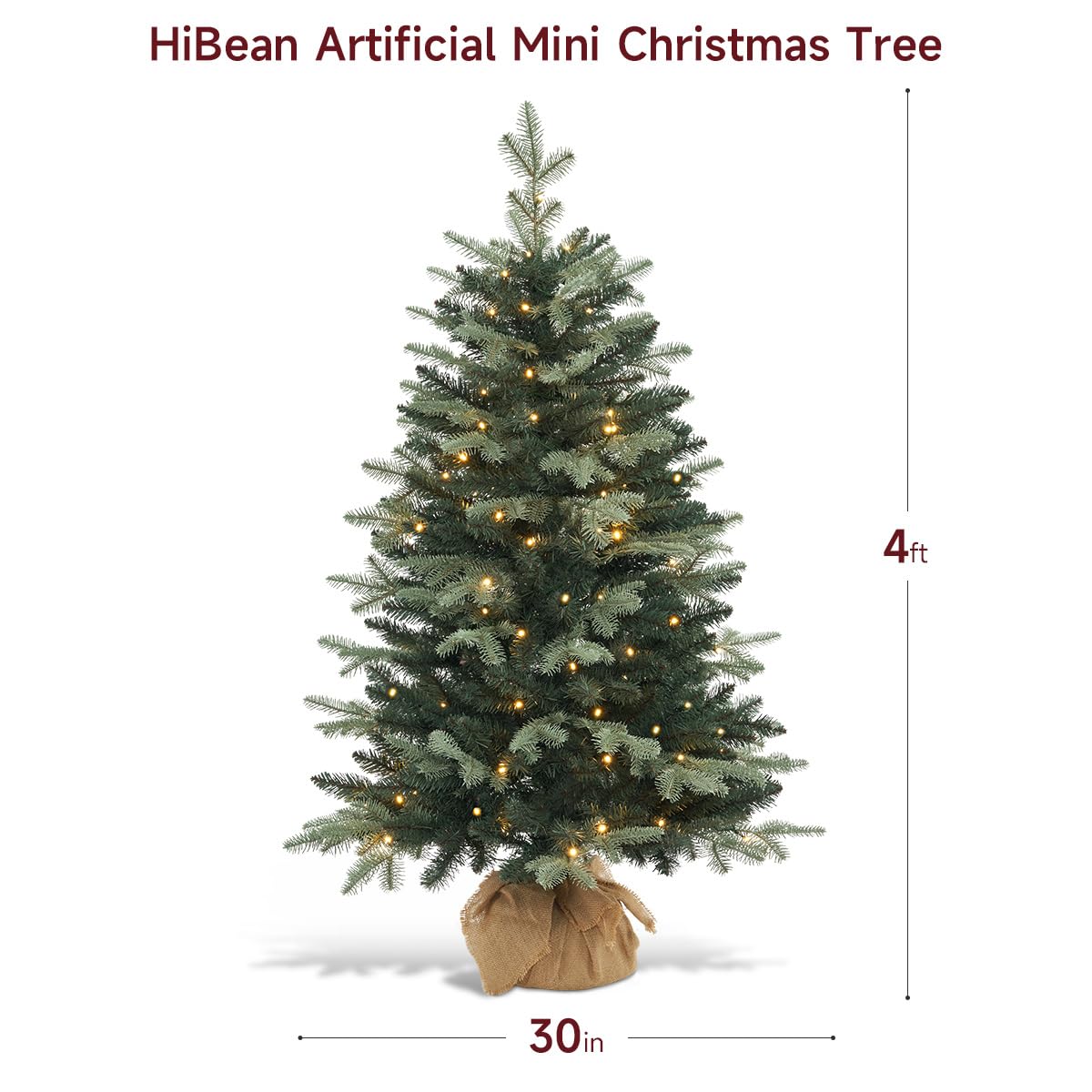 HiBean Mini sapin de Noël artificiel pré-éclairé | Comprend de petites lumières et une base de sac en tissu | pour table ou bureau | Toile de jute - 1,2 m