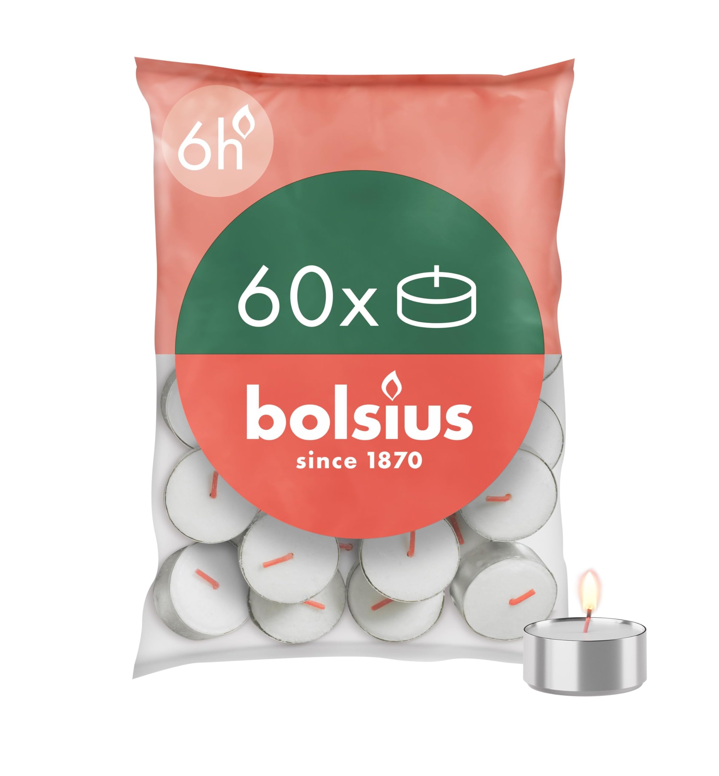 Bolsius White D-Light Tea Lights - Pack Of 60 - In Bag - Length Burning Time 6 Hours - Decorative Household Candles - Contains Natural Plant Wax - Without Palm Oil