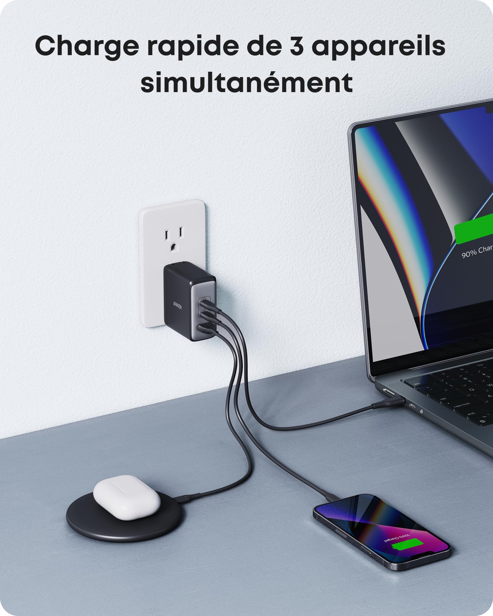 Anker 736 Chargeur USB C 100 W (Nano II), Rapide Compact 3 Ports pour MacBook Pro/Air, Google Pixelbook, ThinkPad, Dell XPS, iPad, Galaxy S23/S22, iPhone 17/17 Plus/17 Pro Max/16/15/14, et Autres