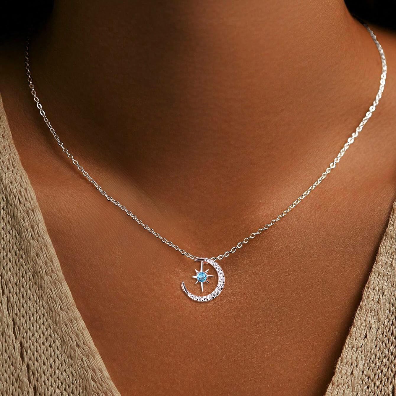 Crescent Moon Blue Star Necklace for Women 925 Sterling Silver Dainty Cubic Zirconia Pendant Necklace Trendy Choker Necklace Jewelry Birthday Christmas Gifts - Image 2