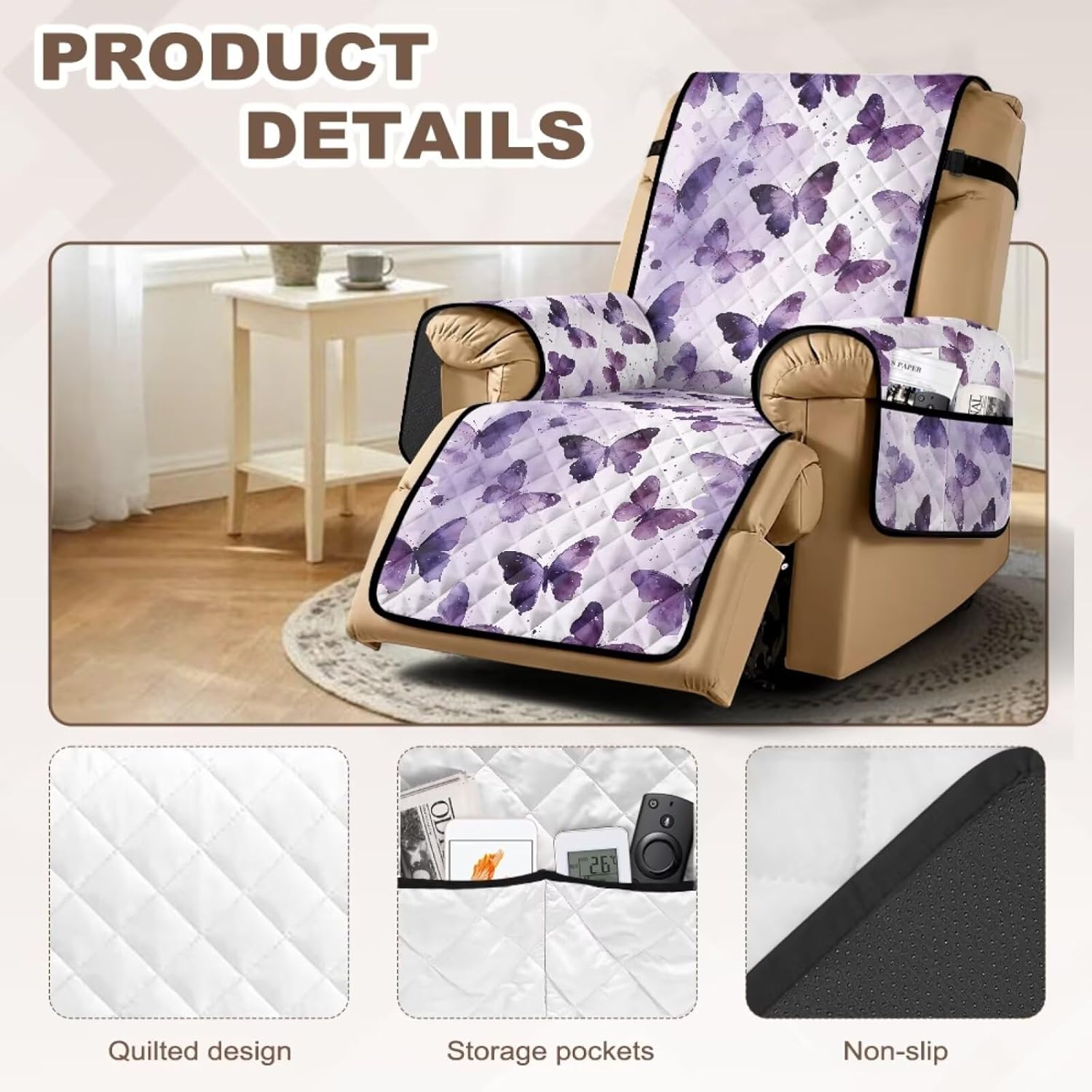 Purple Tie Dye Butterfly Print Recliner Cover Non-Slip Reclining Sofa Slipcover with Side Pocket Breathable Recliner Chair Cover Waterproof with Side Pocket for Living Room