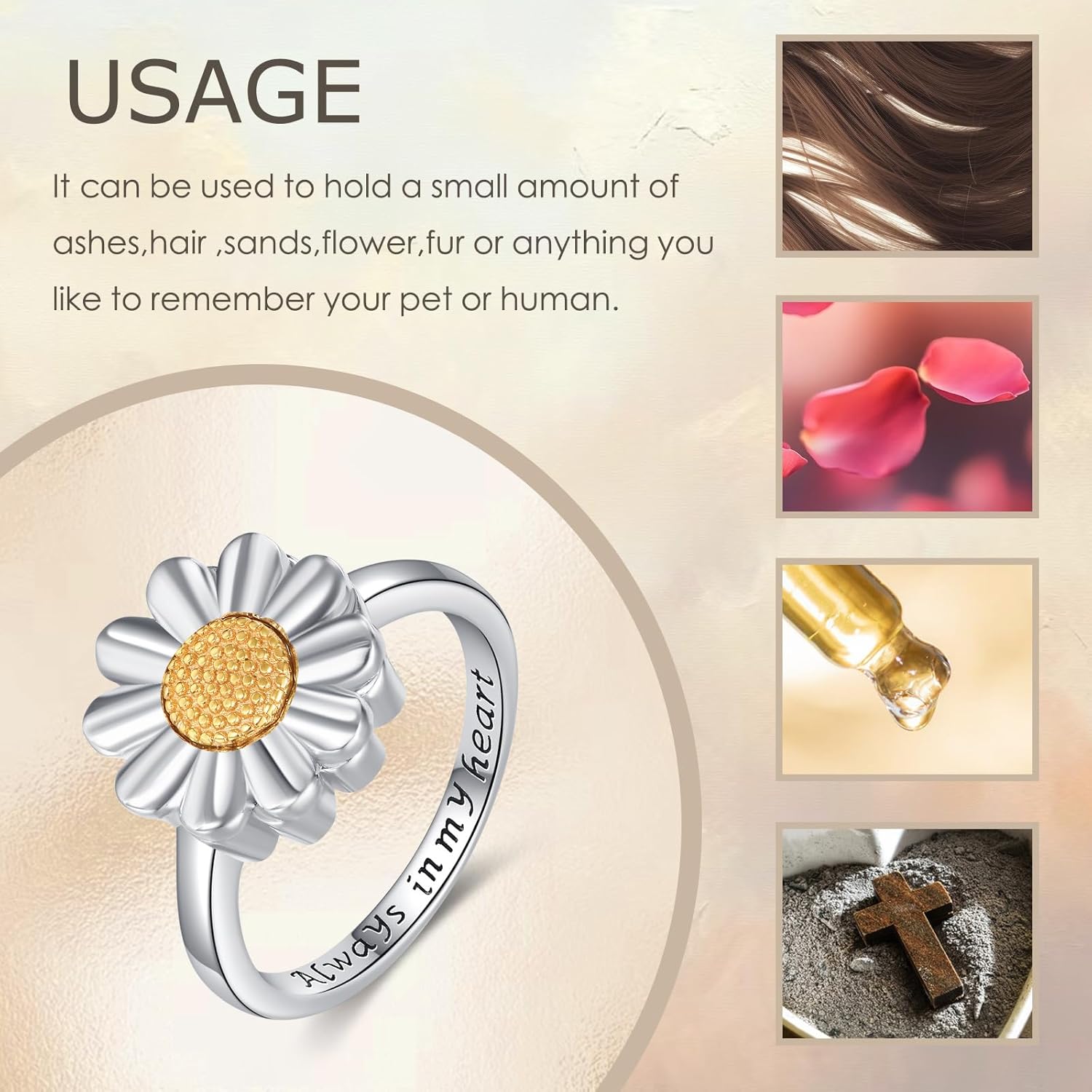 URONE Daisy Urn Ring for Ashes 925 Sterling Silver Daisy Flower Cremation Ring Keepsake Memorial Jewelry Gifts for Women