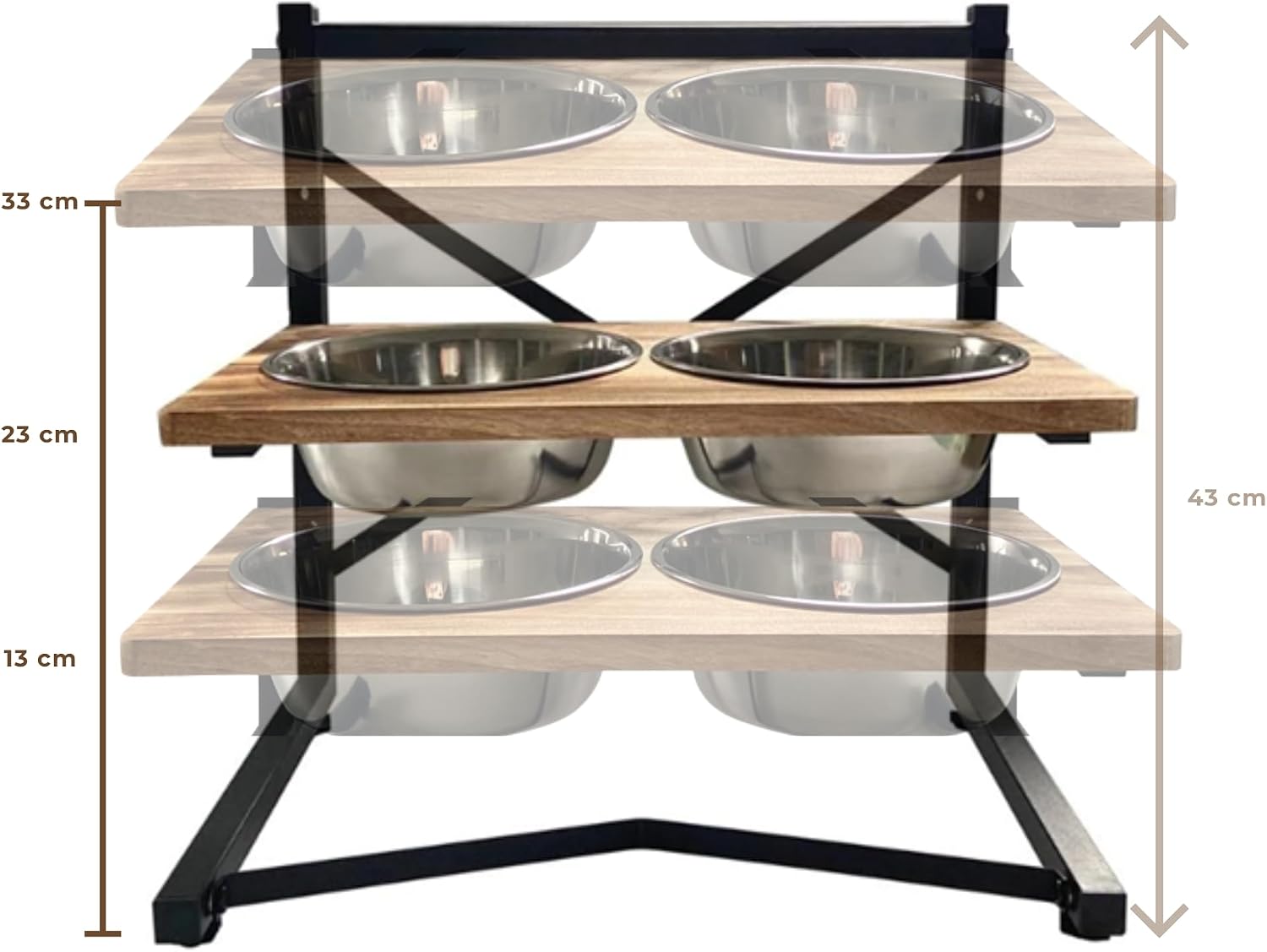 Pet Compawny Elevated Dog Bowl, Adjustable, 3 Heights with Stainless Steel, Raised Stand for Food and Water, Perfect for Dogs and Cats, Easy to Clean, Wood and Metal Frame, Modern Design
