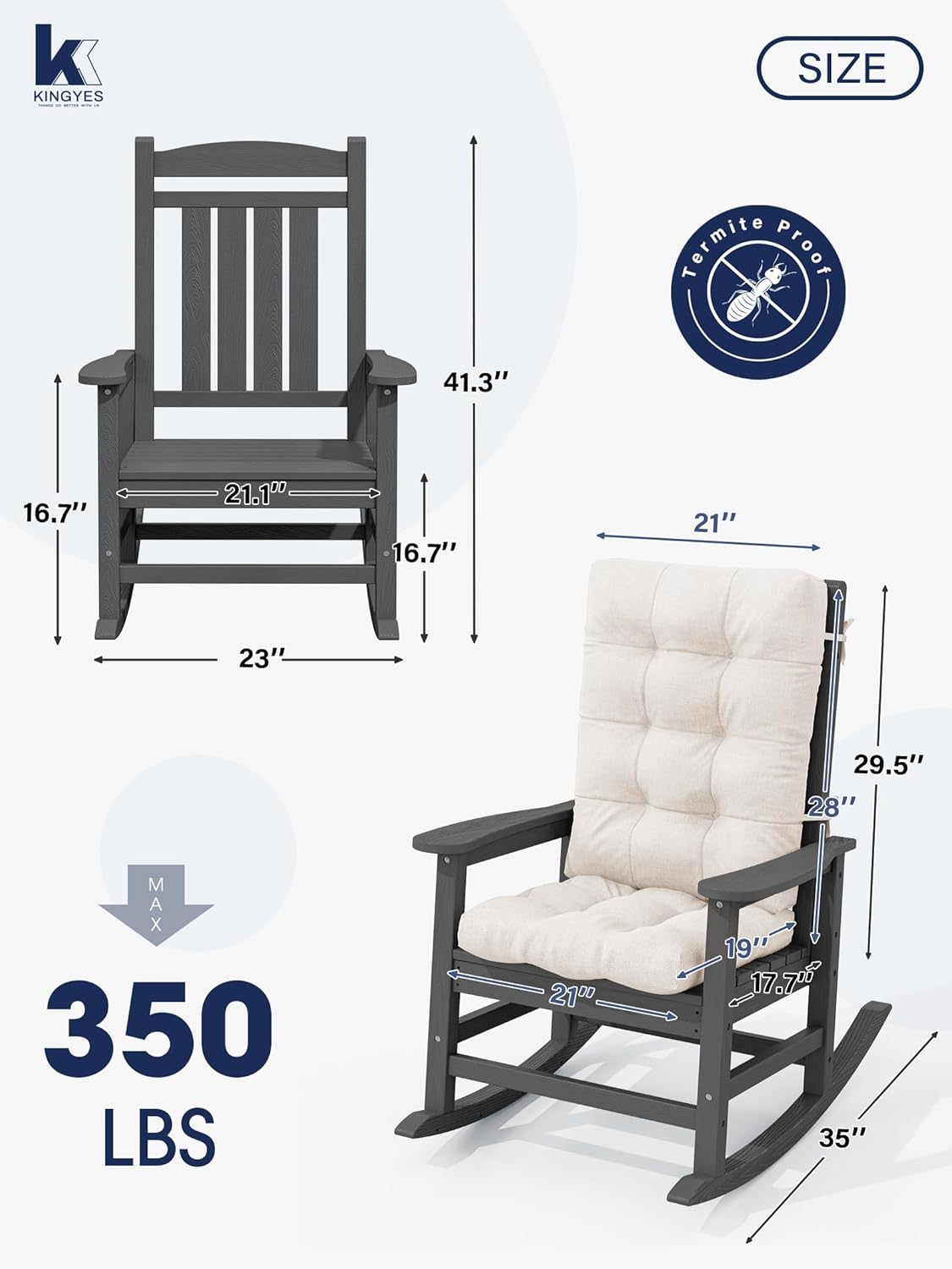 KINGYES Oversized Outdoor Rocking Chair with Cushion, All-Weather Patio Rocking Chairs, HDPE Porch Rocker for Adults, 350 lbs Capacity, Grey Chair with Beige Cushion