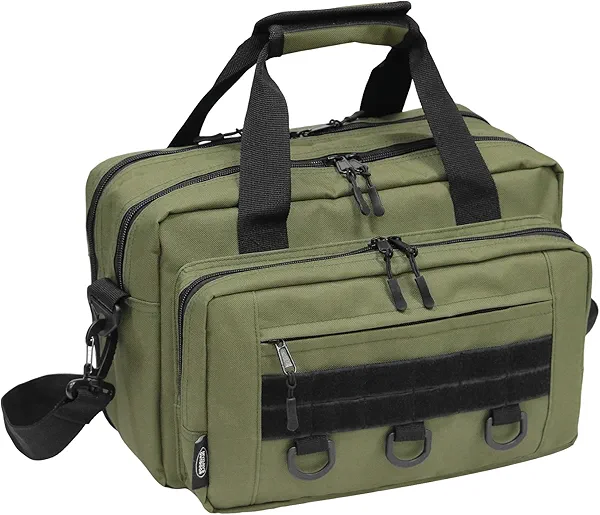 Gun Range Bags for Handguns, Tactical 2 Firearm Shooting Bag for Ammo, Pistol Carrying Case with Multi-Pockets, Shooters Duffle Bag for Outdoor Hunting Army Green