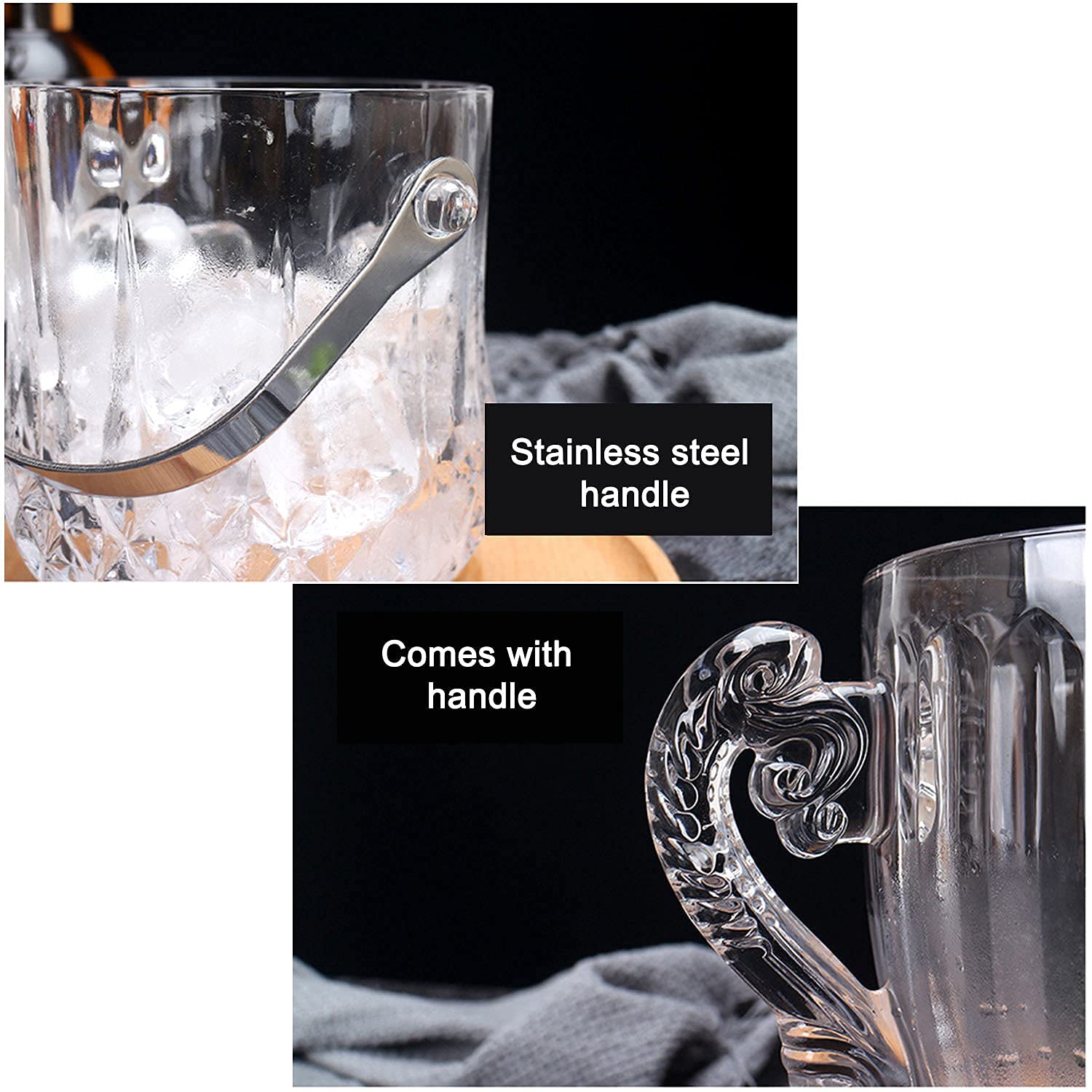 Cubo de Hielo con Pinzas, Recipiente de Almacenamiento Transparente, Botellas de Vino, Cerveza o Acampada, Cubo de Hielo Transparente para Bebidas.