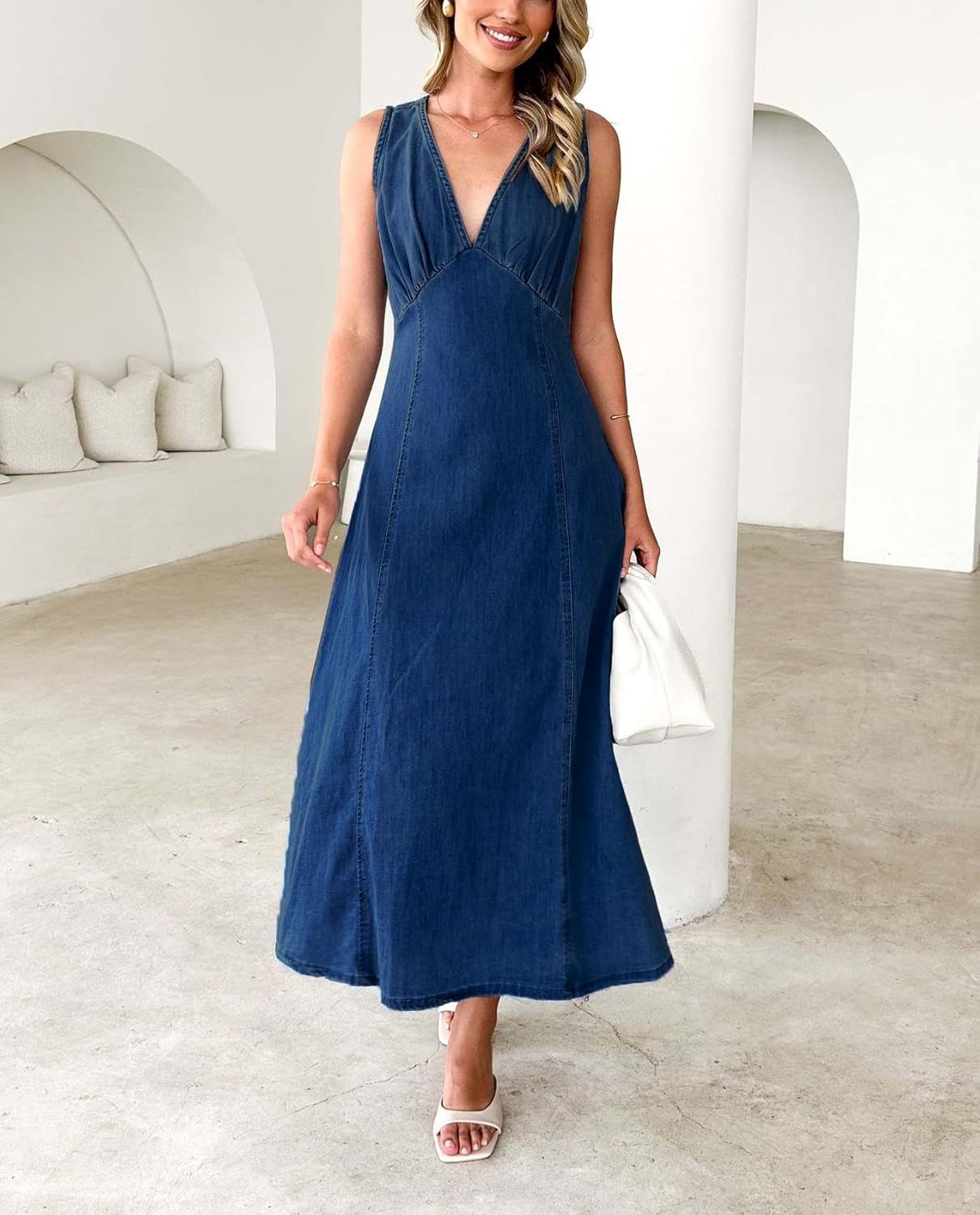 yoeasy Women's Summer Denim Dress Sleeveless V Neck High Waist Trendy Casual A Line Jean Maxi Dress - Image 5