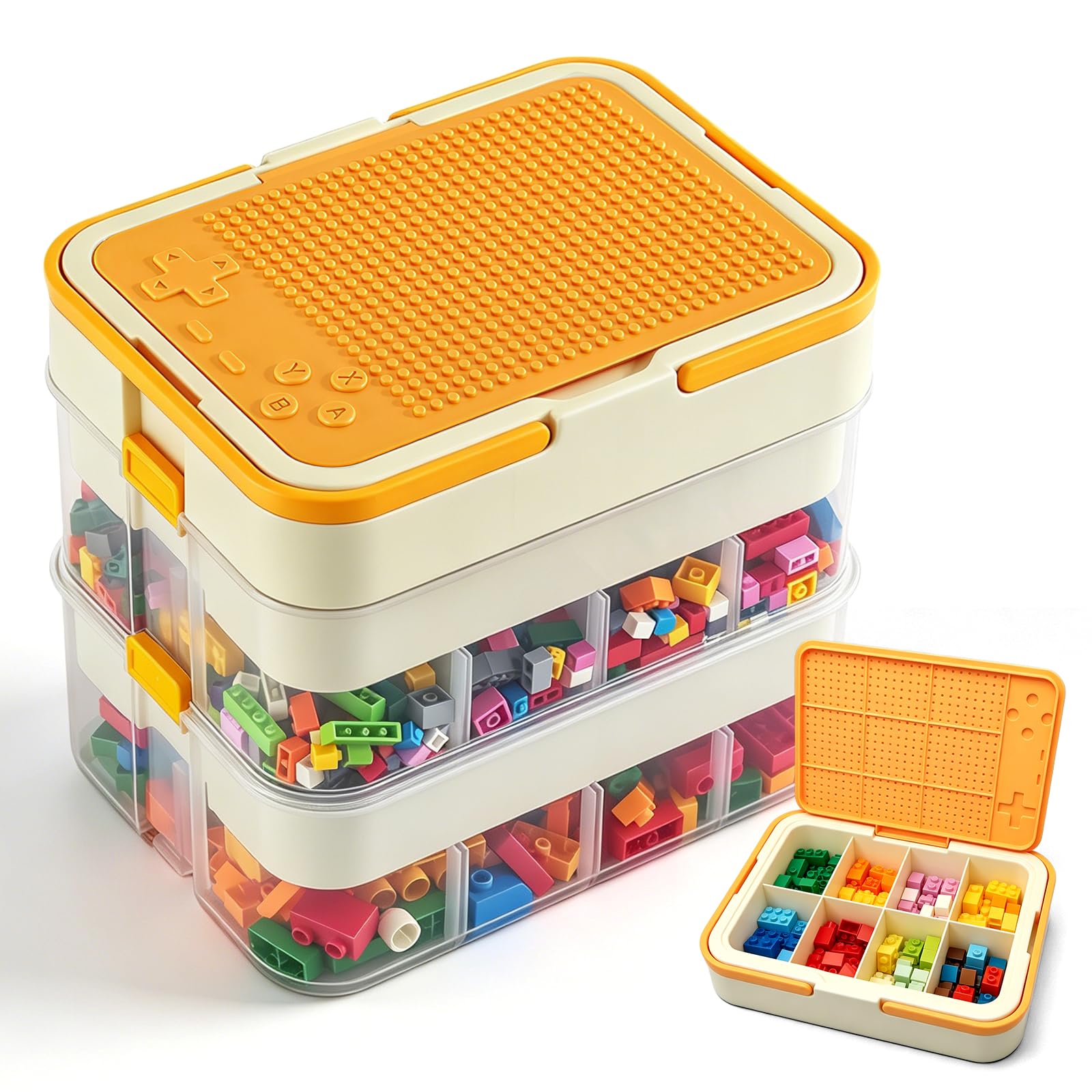Scettar 2-etagige gelbe Aufbewahrungsbox für Bausteine, mit Innenkorb und abnehmbaren Trennwänden, transparent, stapelbar, Sortierboxen aus PP mit Deckel, für Kleinteile und kleines Spielzeug