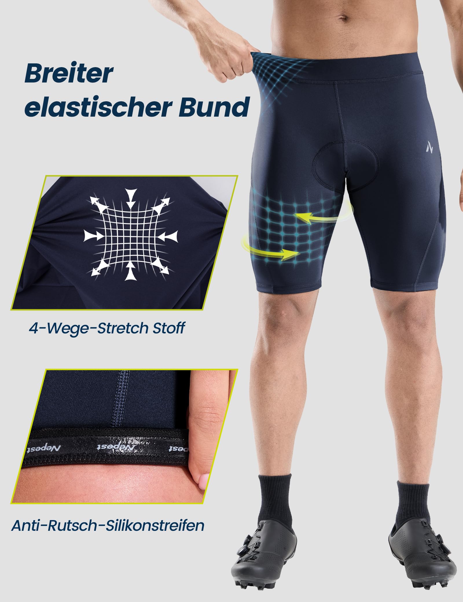 Nepest Pantaloni da ciclismo da uomo, imbottiti 4D, corti da corsa, traspiranti, con tasca, elasticizzati in 4 direzioni