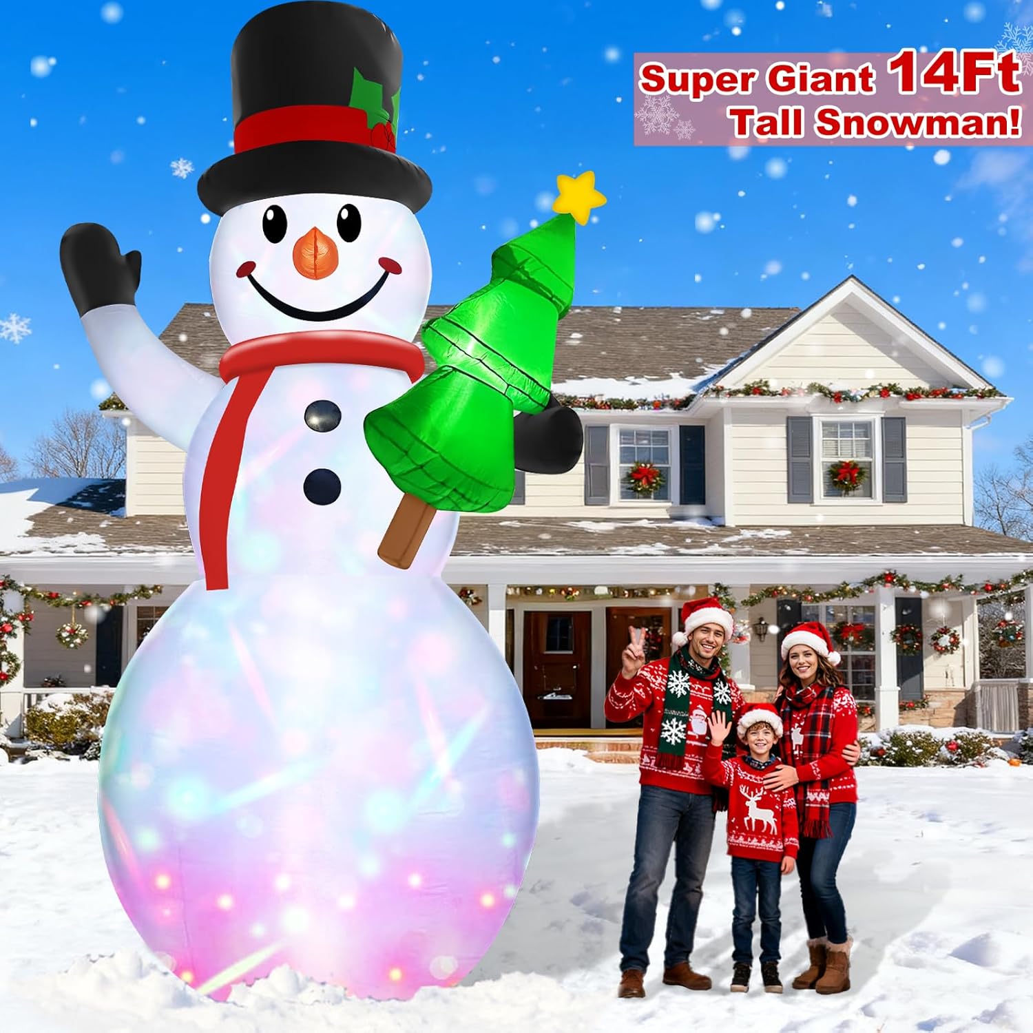 14 Ft by 7.5 Ft Large Christmas Inflatables Snowman Outdoor Decorations Build-in Rotating Colorful Light, Huge Snowman Inflatable with Christmas Tree & Hat Blow Up Yard Decor for Lawn Garden Outside