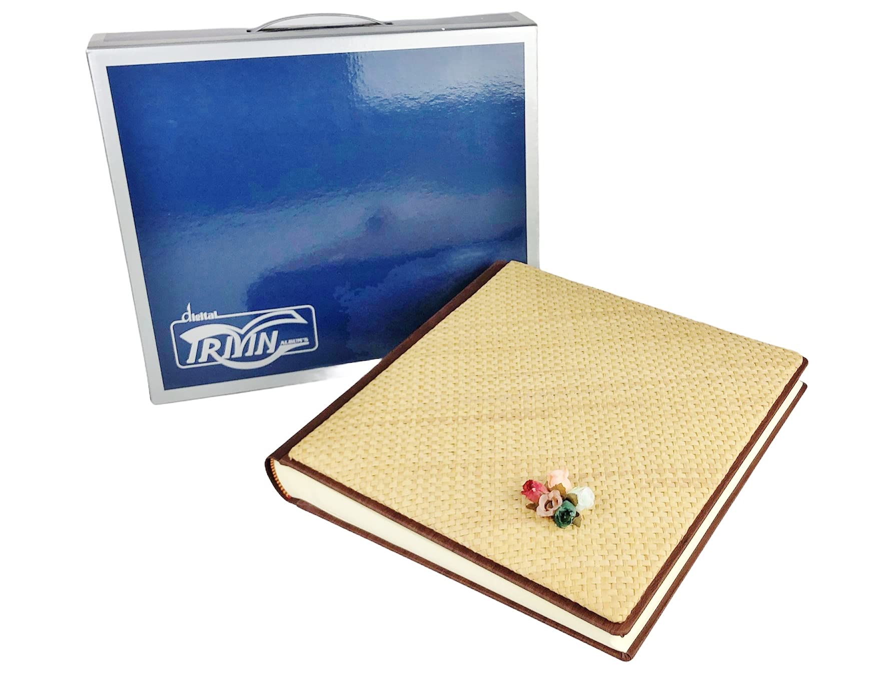 TriVin Art Álbum de fotos artesanal fabricado en Italia en imitación de piel fina y panel de canasta varios colores. (30 x 30 cm, 40 hojas de marfil) apto para cualquier evento (marrón, canasta miel)