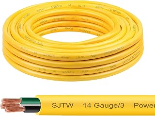 14/3 SJTW Yellow Wire 10 Feet - 14 AWG 3 Conductor SJTW Cable with UV-Resistant Jacket for Motor Leads, Battery Chargers and Machine - 10 ft Electrical Wire