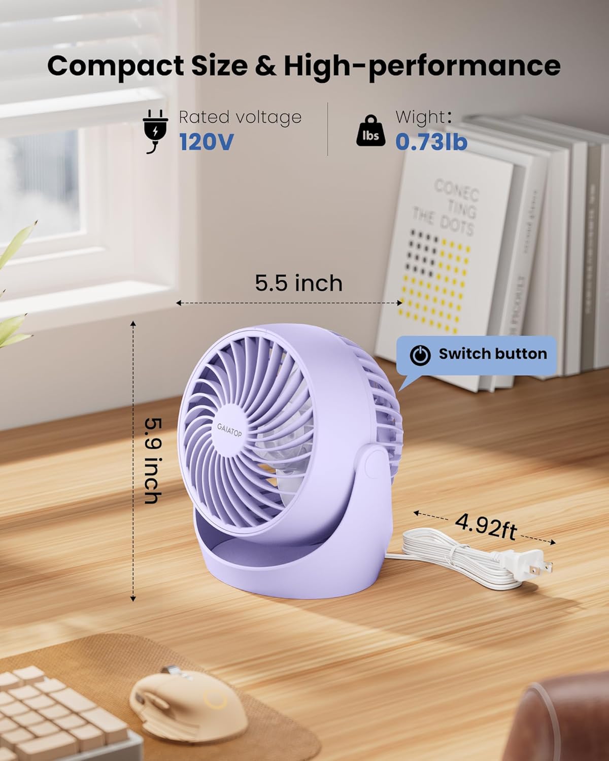 Diagram showing the dimensions of the Gaiatop AF-01 fan and the location of the switch button