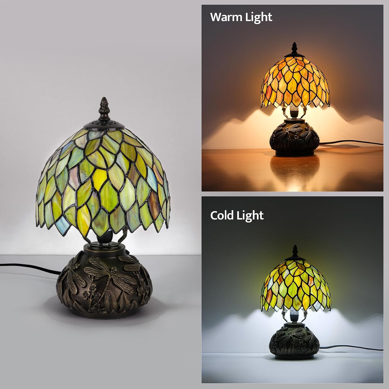 Tiffany Style Table Lamp, Gradient Stained Glass Wisteria Desk Lamp with Antique Bronze Dragonfly Resin Base, Vintage Accent Bedside Light for Bedroom Living Room 8x12 Inch (Green Wisteria)