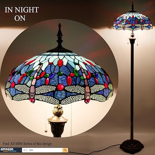 Miniatura 7 de WERFACTORY Tiffany - Lámpara de pie con libélula azul, luz de lectura de pie de 16 x 16 x 64 pulgadas, lámpara de esquina de poste antiguo,