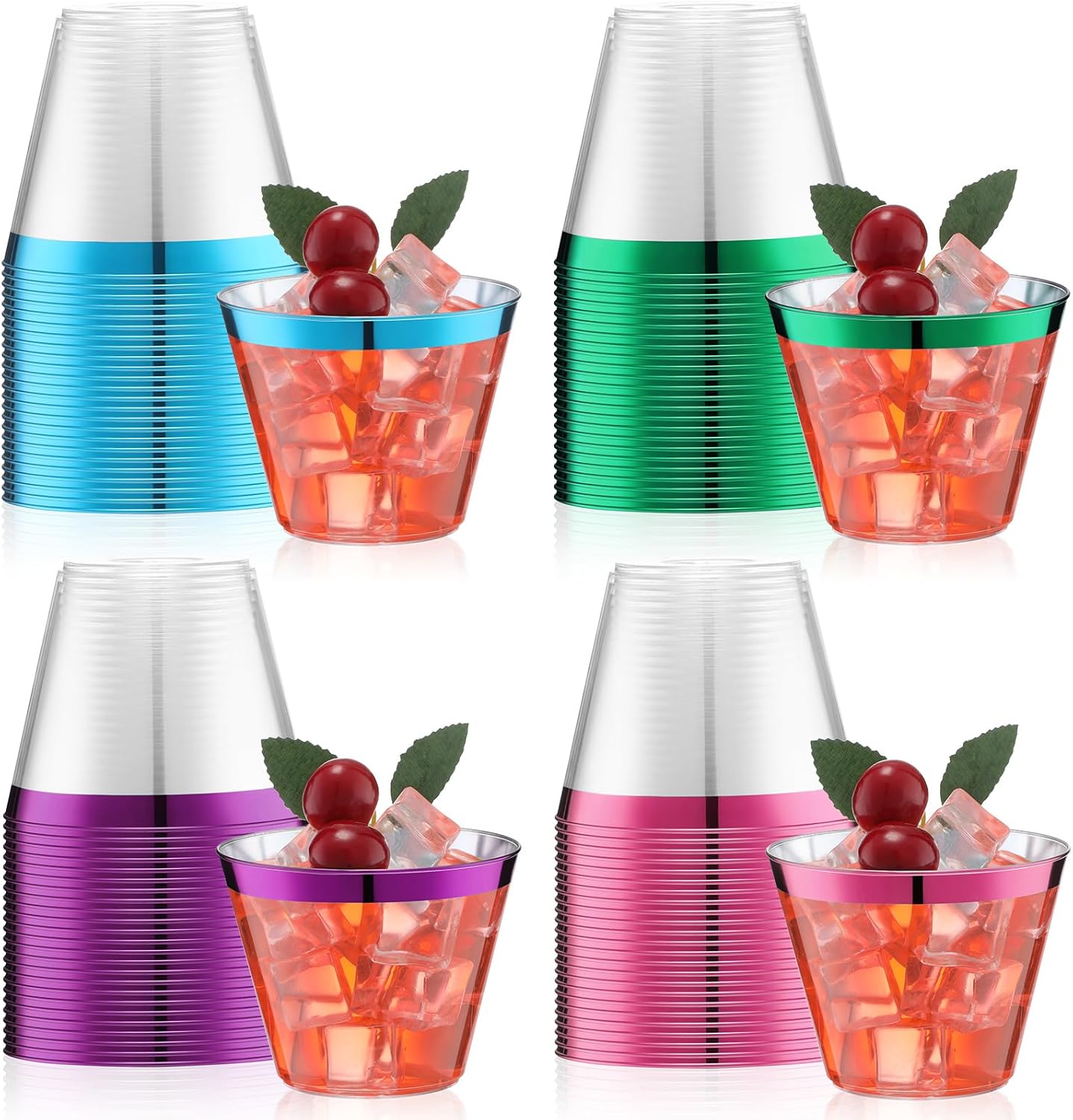 Zhehao 100 vasos de plástico con borde de Navidad de 9 onzas, vasos de vino desechables transparentes, vasos de cóctel resistentes para bodas,