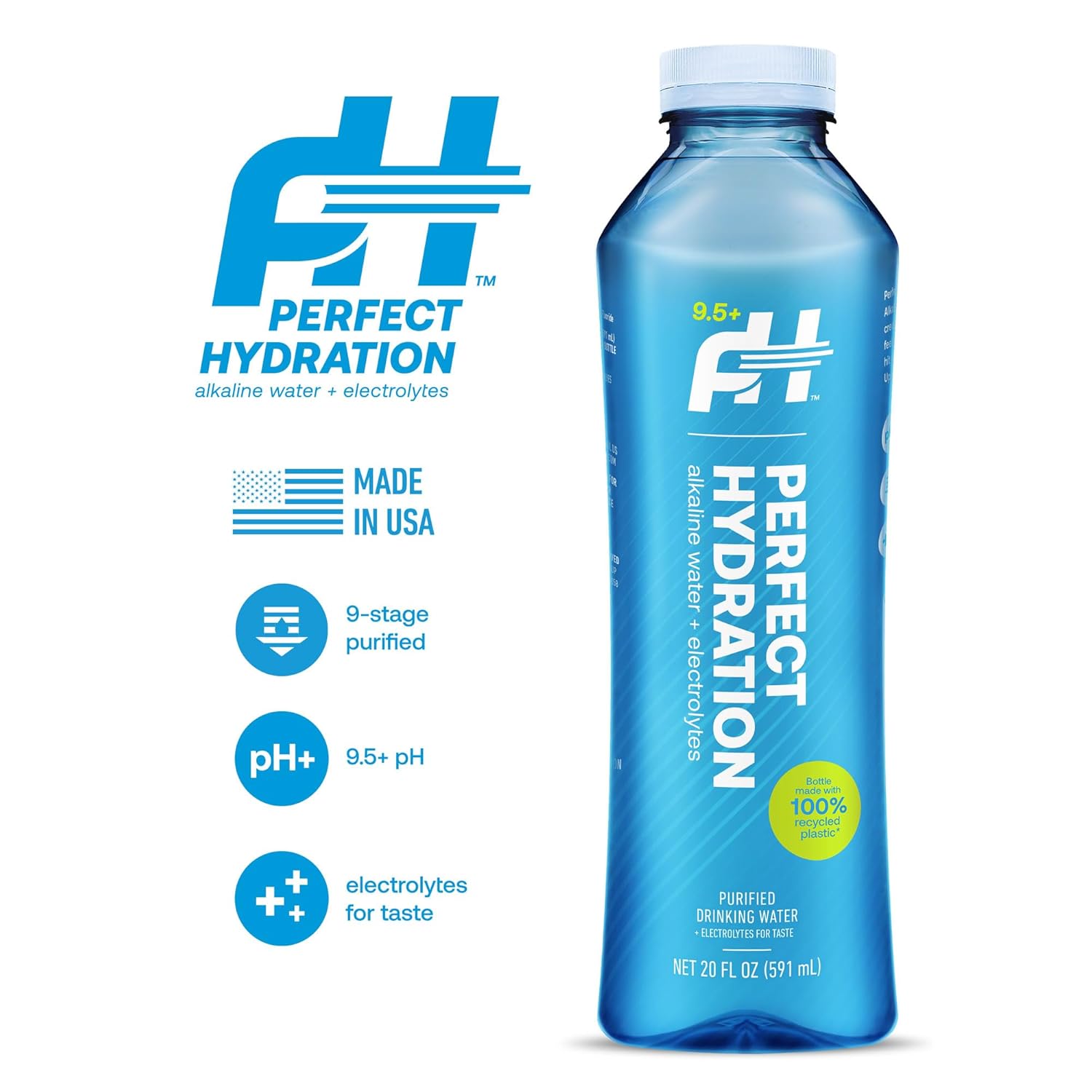 Perfect Hydration 9.5+ pH Alkaline Drinking Water 100% Recycled Bottles Electrolyte Minerals for Taste 24 pack - 20 oz
