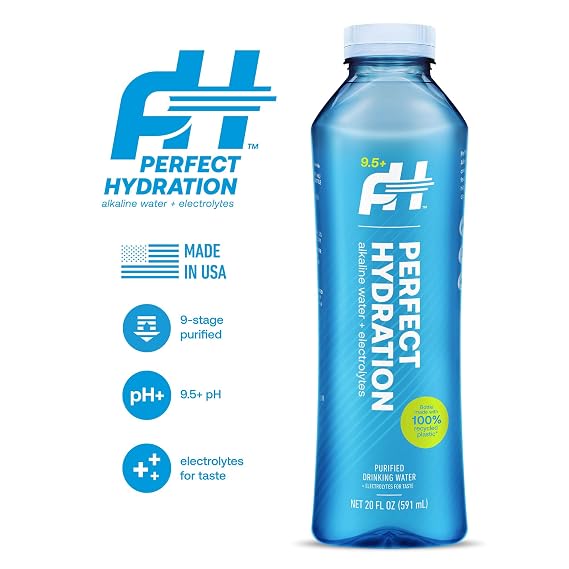 Perfect Hydration 9.5+ pH Alkaline Drinking Water 100% Recycled Bottles Electrolyte Minerals for Taste 24 pack - 20 oz